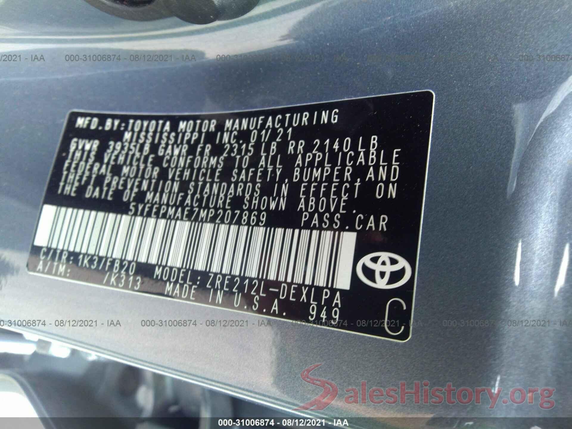 5YFEPMAE7MP207869 2021 TOYOTA COROLLA