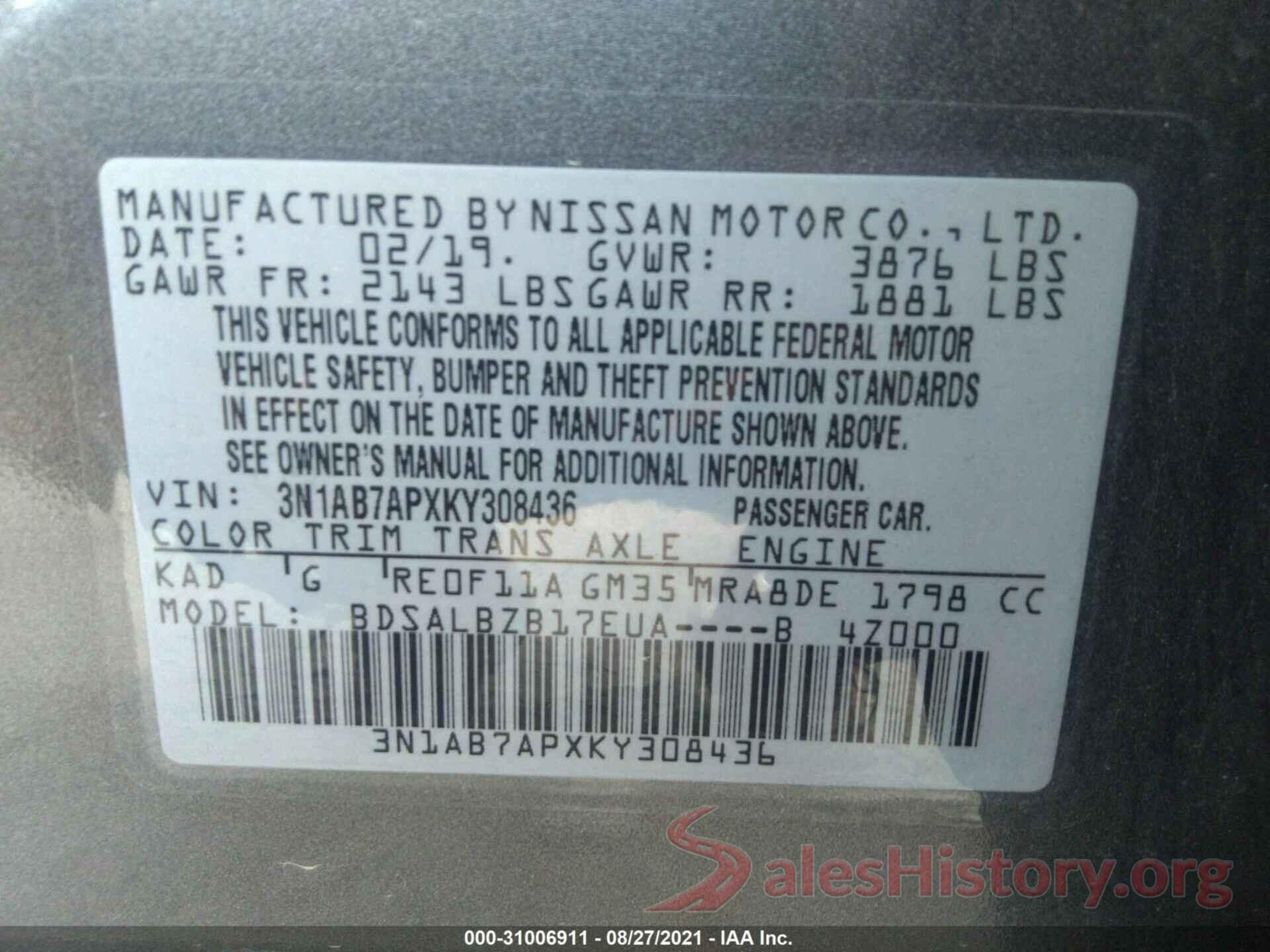 3N1AB7APXKY308436 2019 NISSAN SENTRA