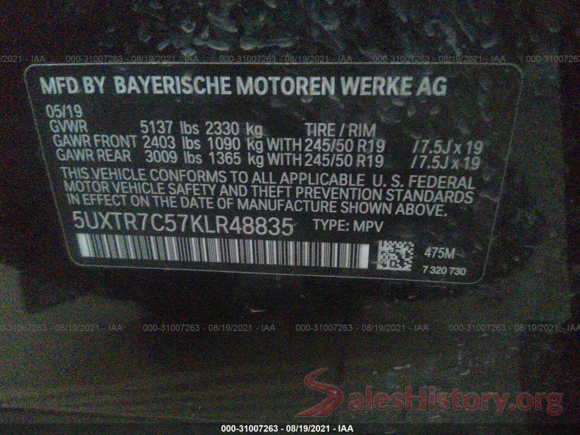 5UXTR7C57KLR48835 2019 BMW X3