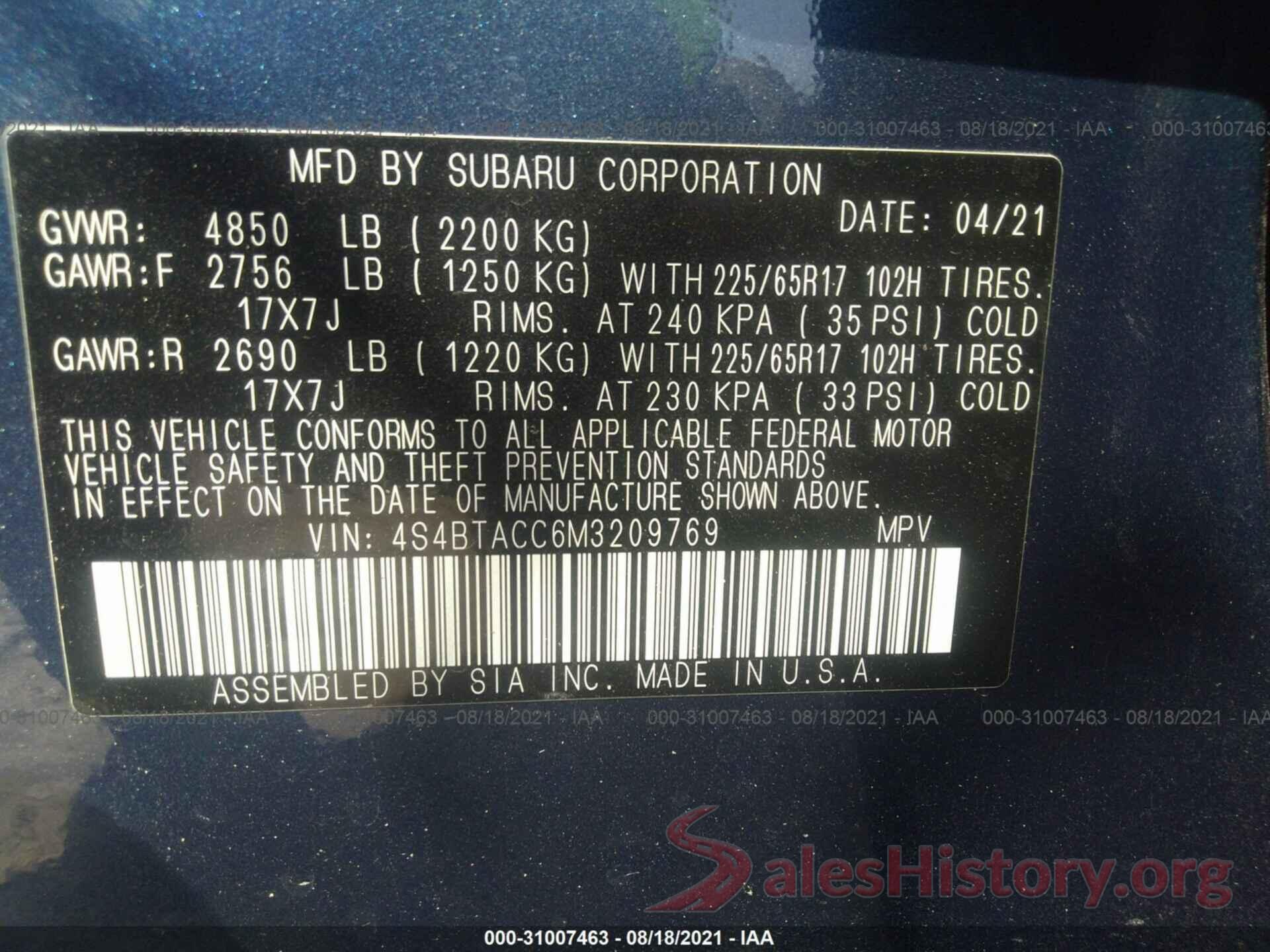 4S4BTACC6M3209769 2021 SUBARU OUTBACK