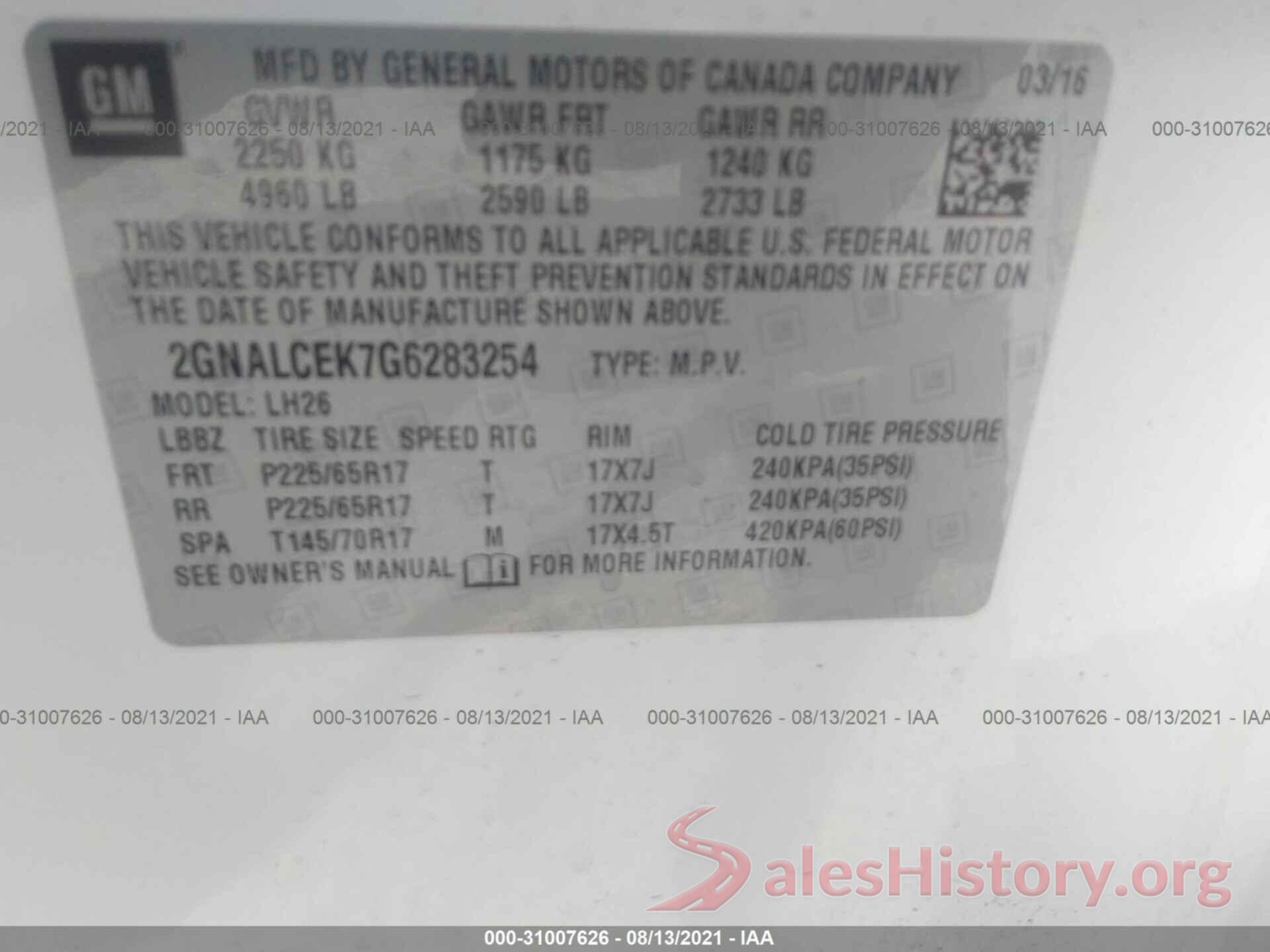 2GNALCEK7G6283254 2016 CHEVROLET EQUINOX