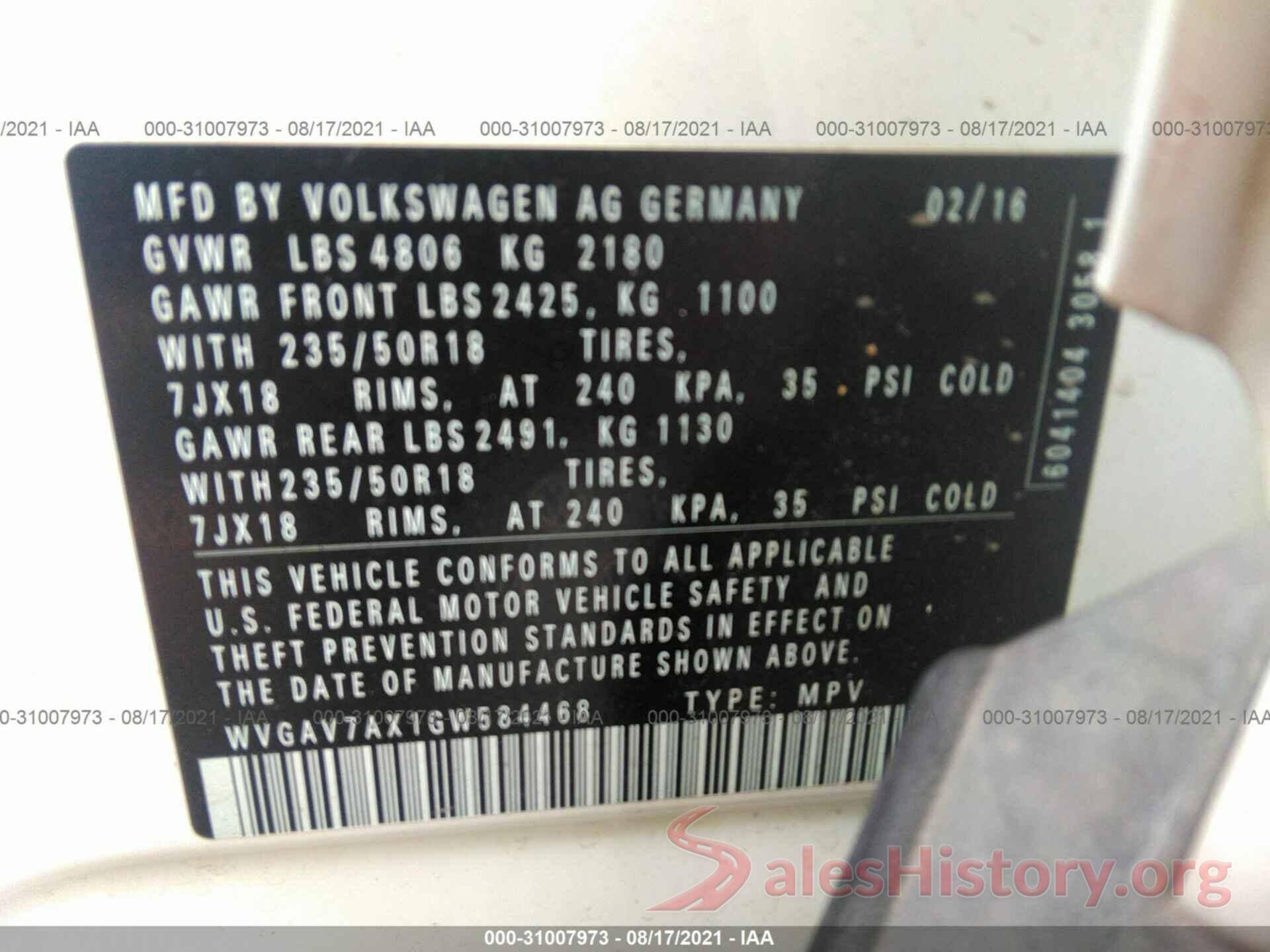 WVGAV7AX1GW584468 2016 VOLKSWAGEN TIGUAN