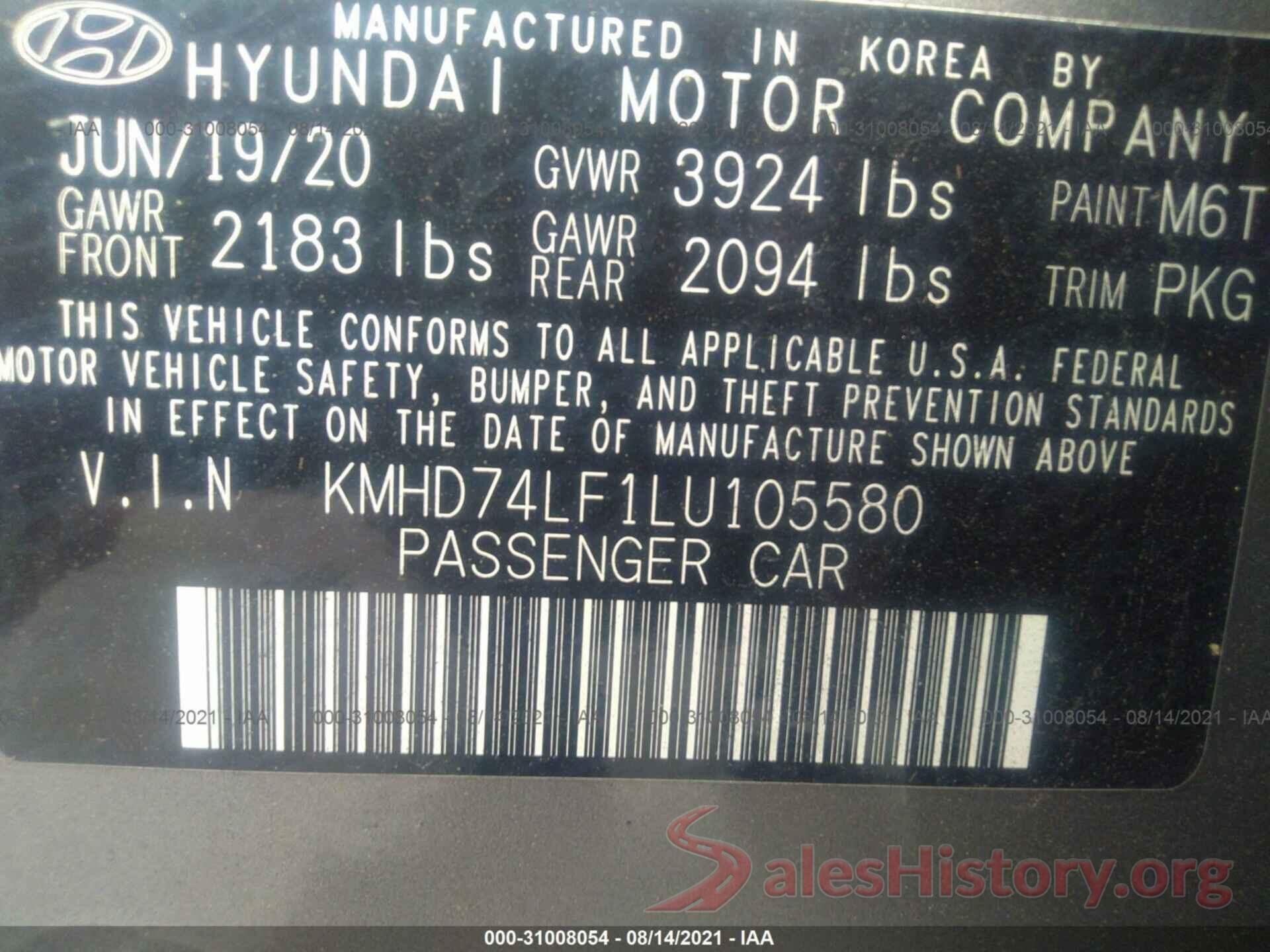 KMHD74LF1LU105580 2020 HYUNDAI ELANTRA