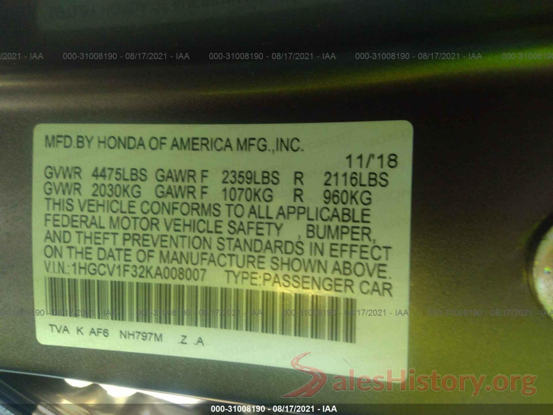 1HGCV1F32KA008007 2019 HONDA ACCORD SEDAN