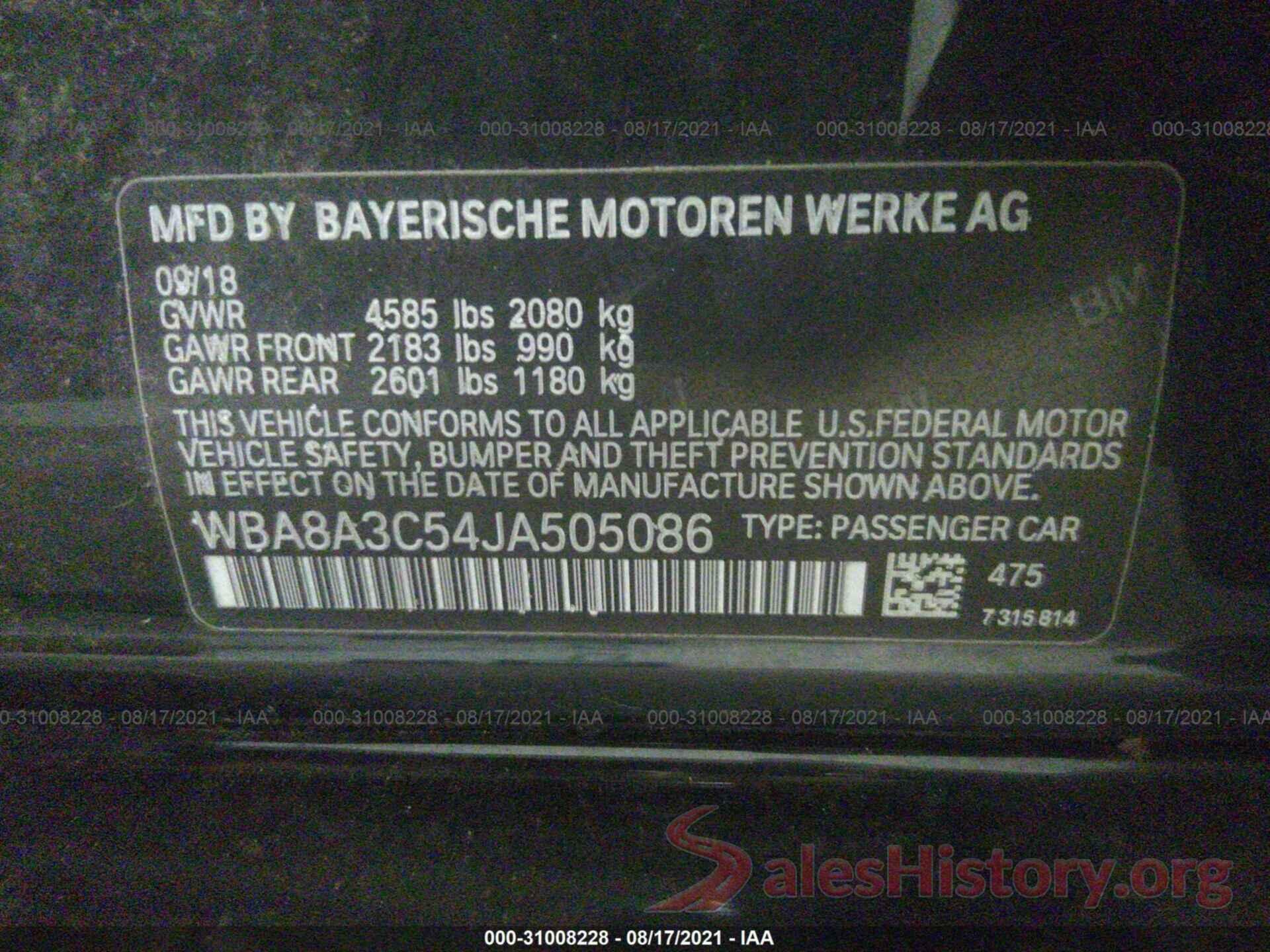 WBA8A3C54JA505086 2018 BMW 3 SERIES