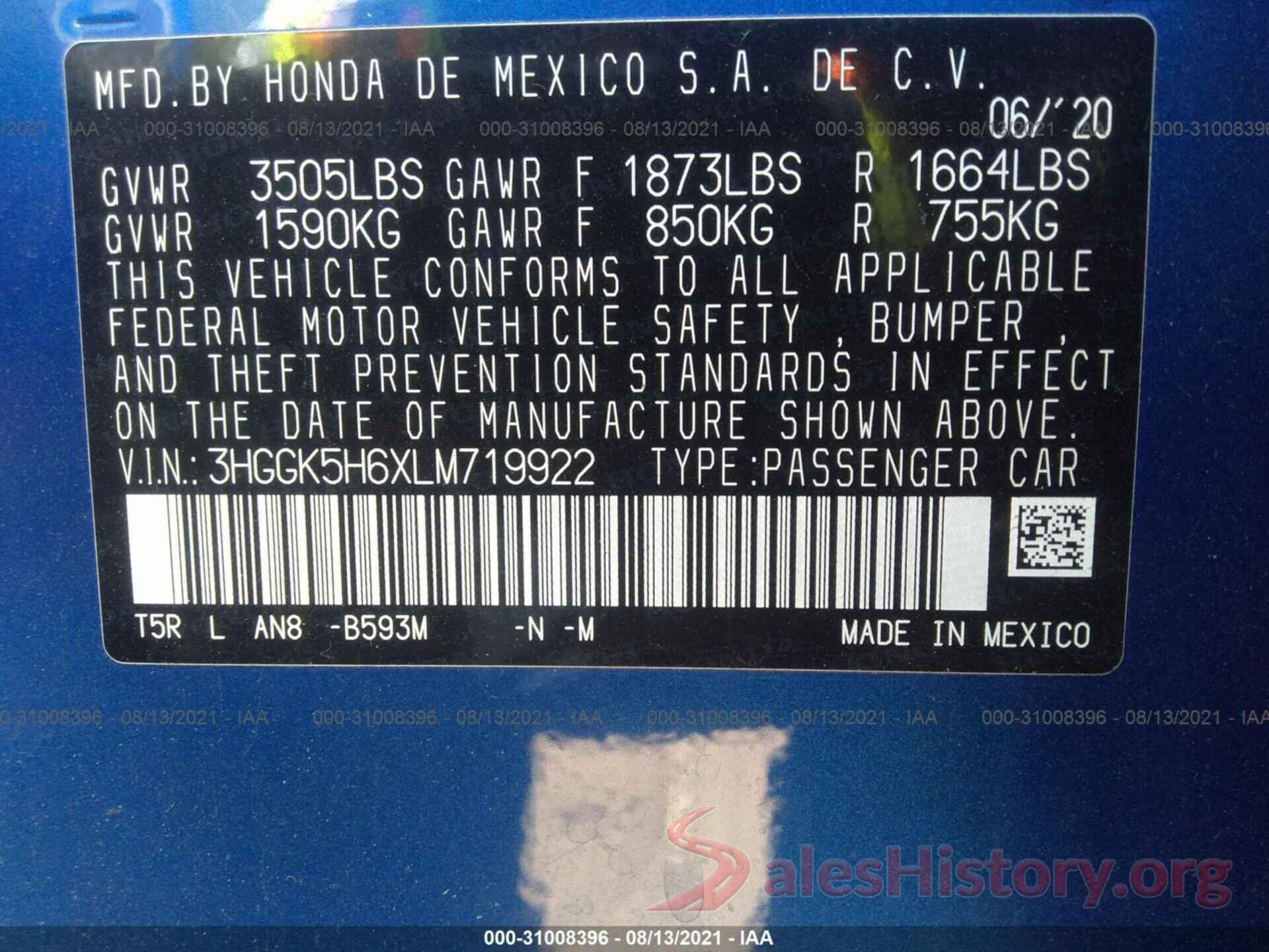 3HGGK5H6XLM719922 2020 HONDA FIT