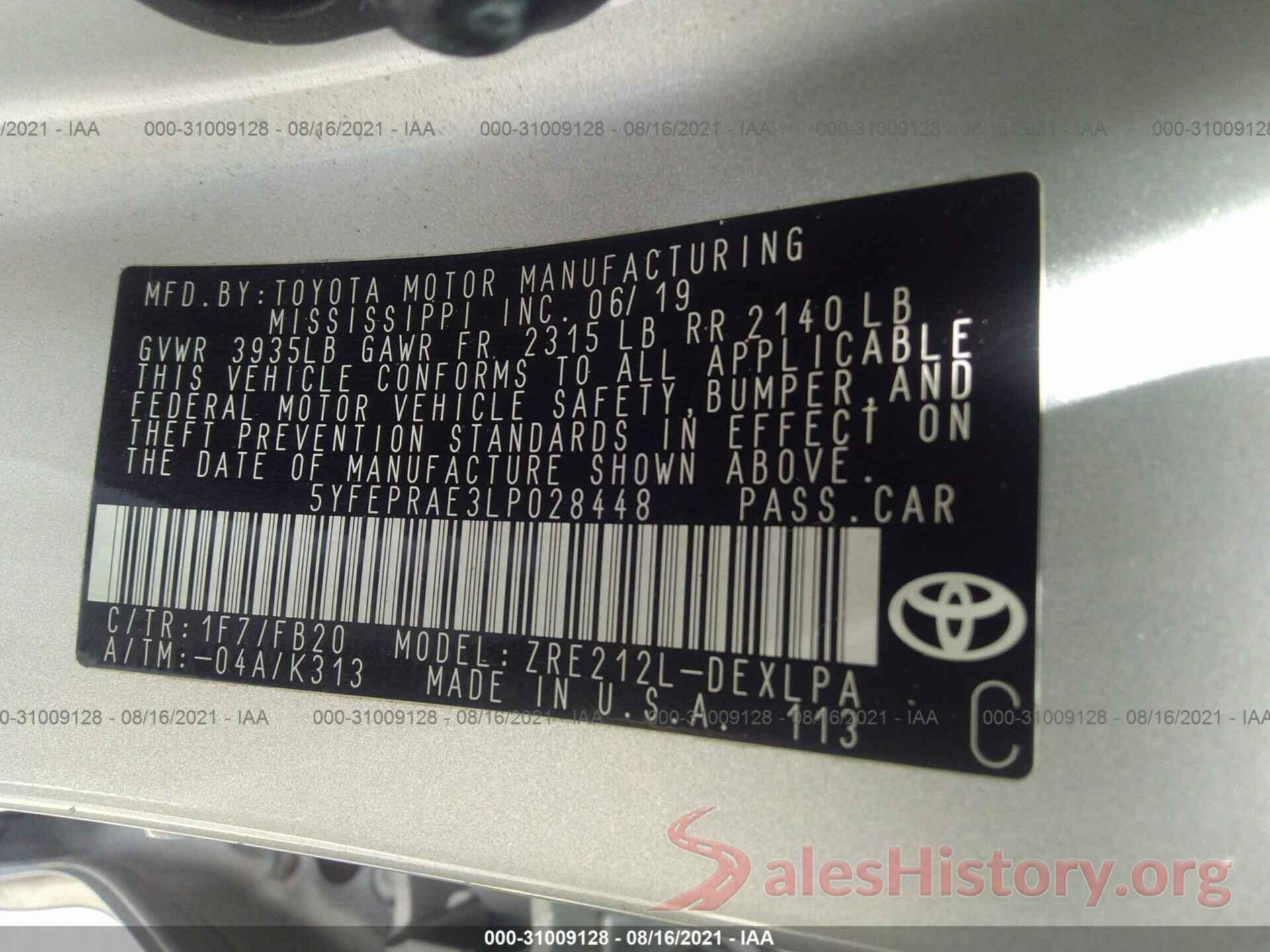 5YFEPRAE3LP028448 2020 TOYOTA COROLLA