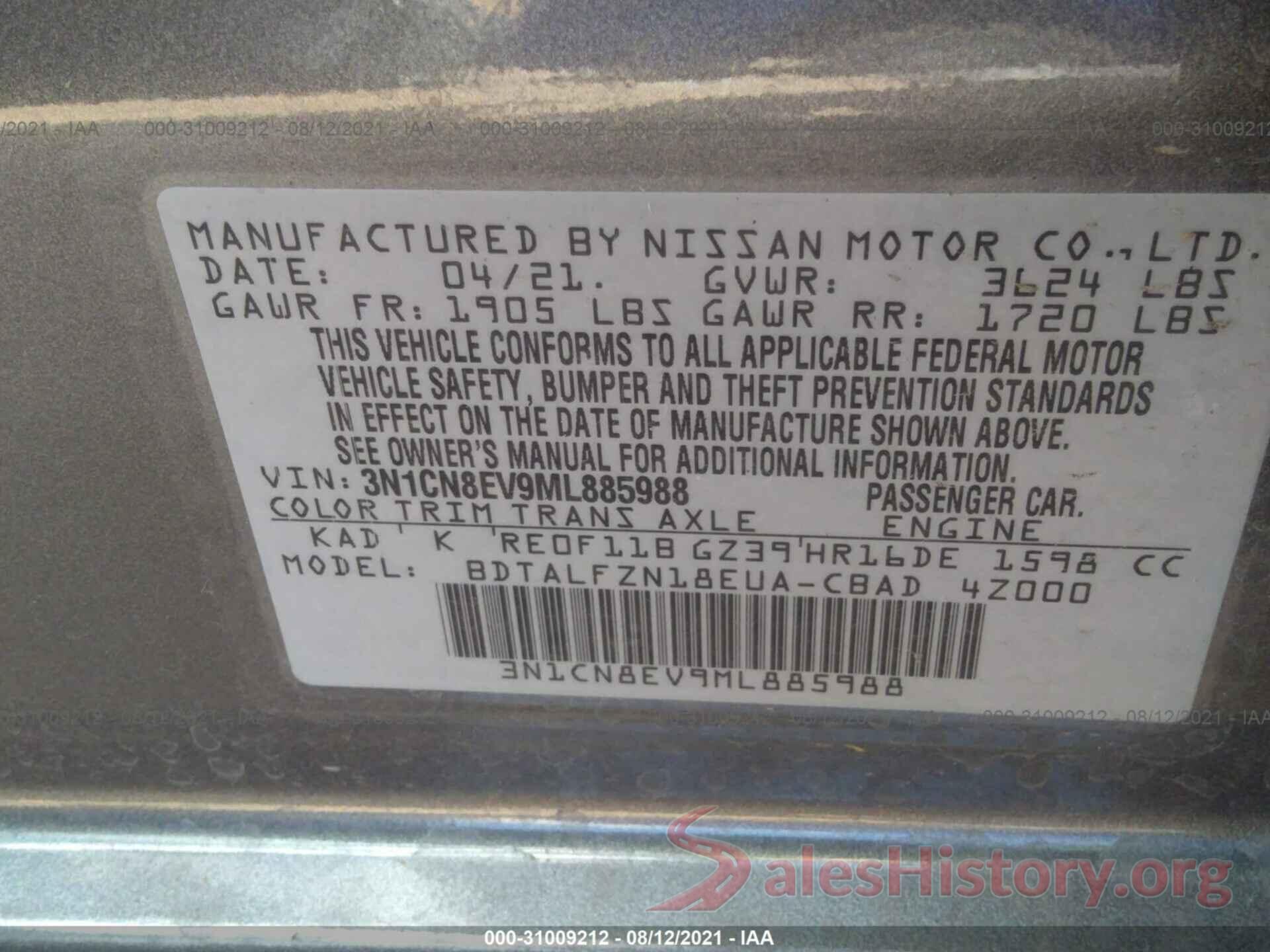 3N1CN8EV9ML885988 2021 NISSAN VERSA