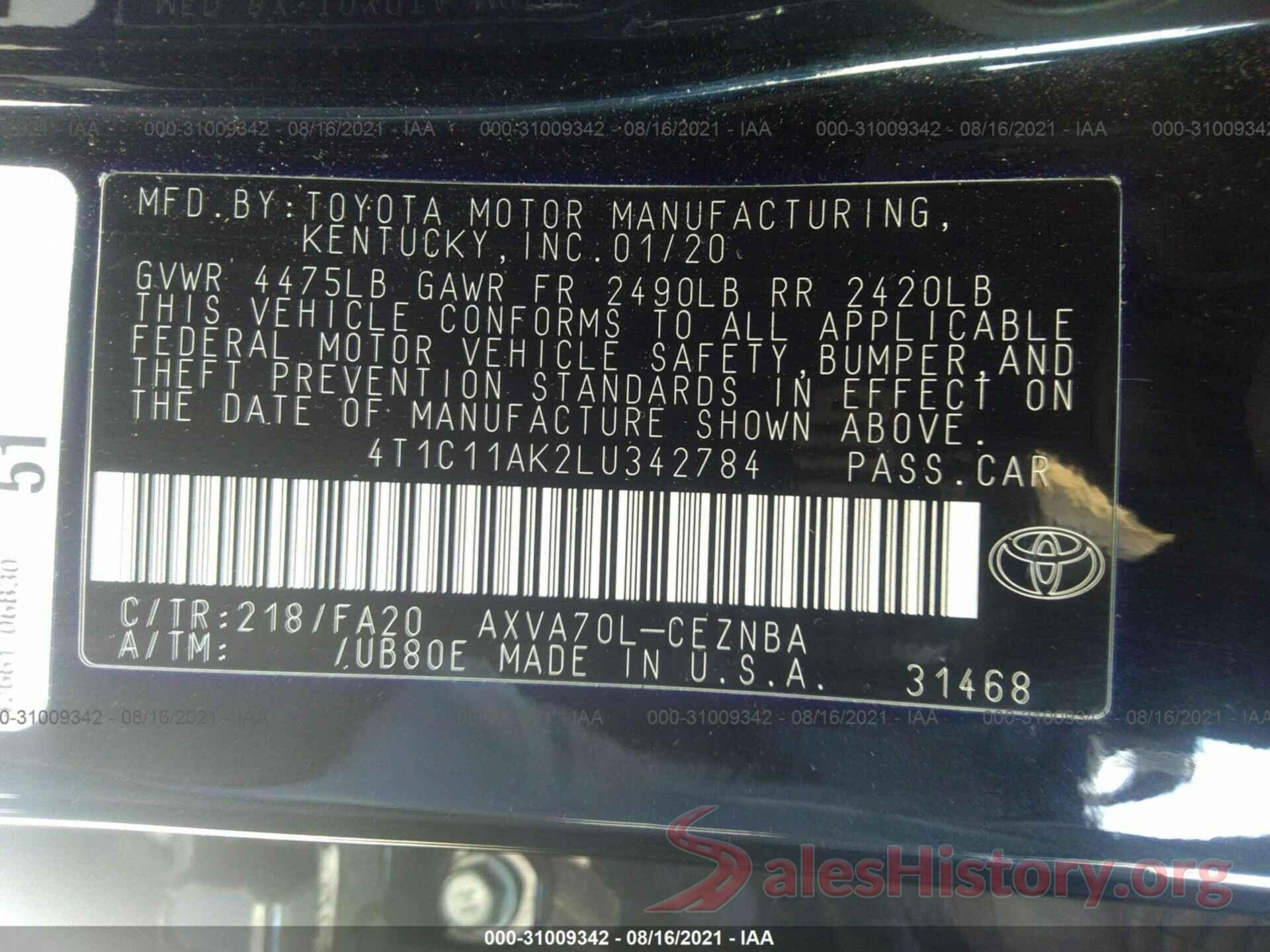 4T1C11AK2LU342784 2020 TOYOTA CAMRY