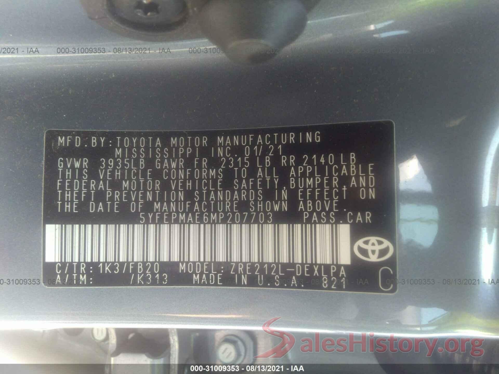 5YFEPMAE6MP207703 2021 TOYOTA COROLLA