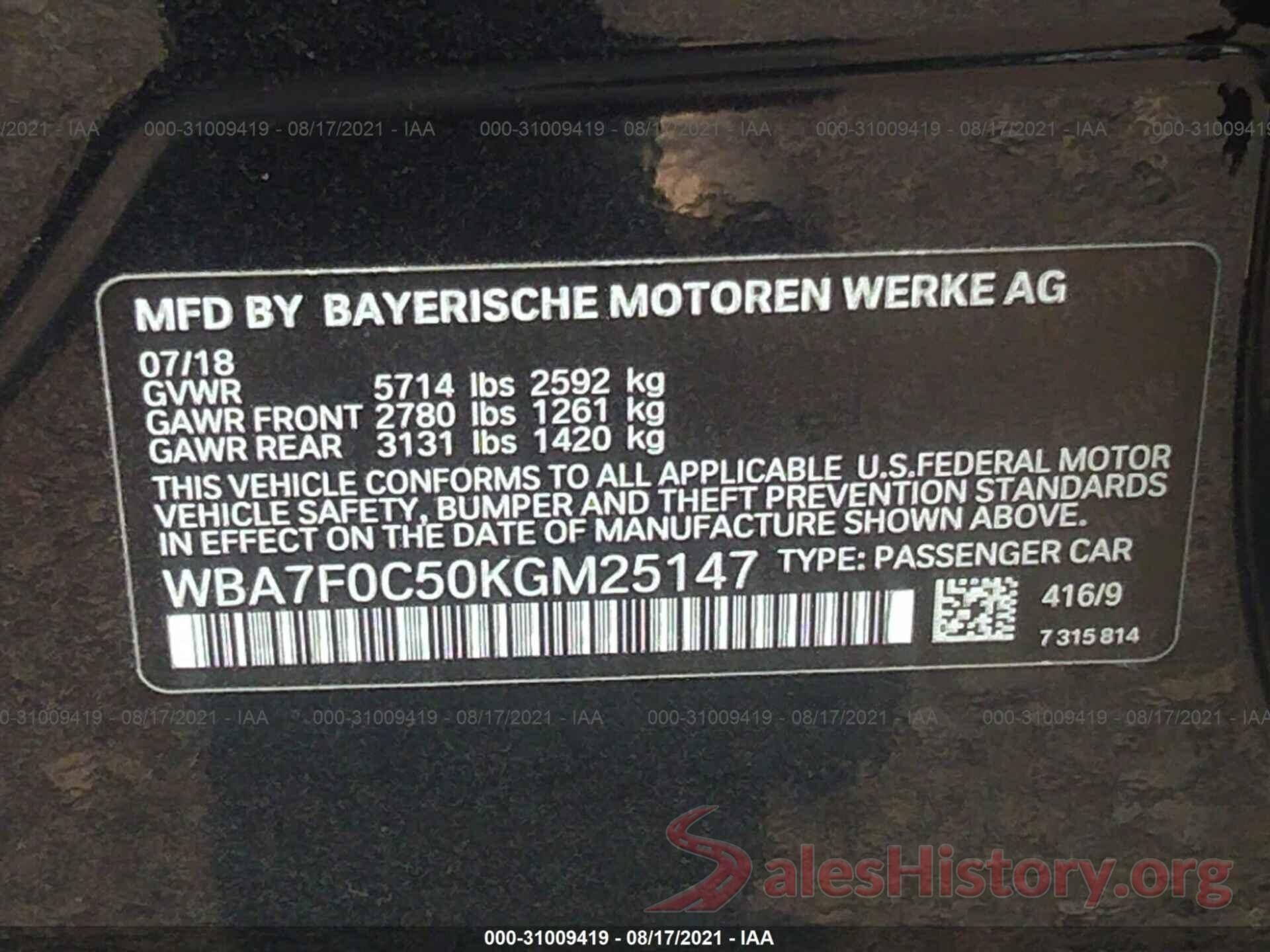 WBA7F0C50KGM25147 2019 BMW 7 SERIES