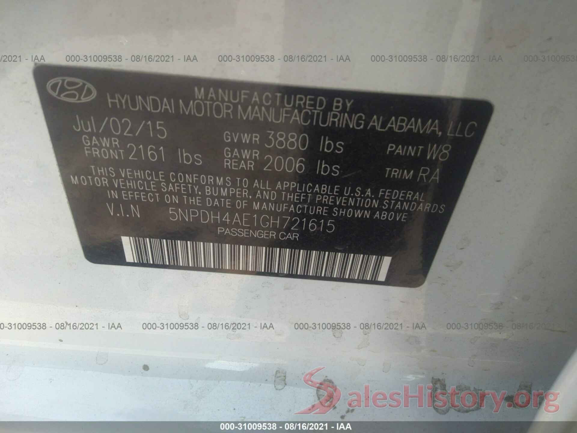 5NPDH4AE1GH721615 2016 HYUNDAI ELANTRA