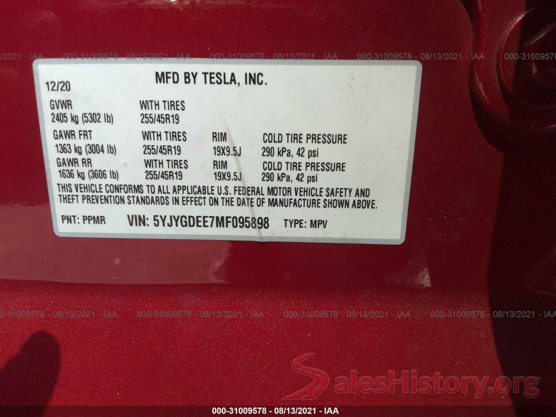 5YJYGDEE7MF095898 2021 TESLA MODEL Y