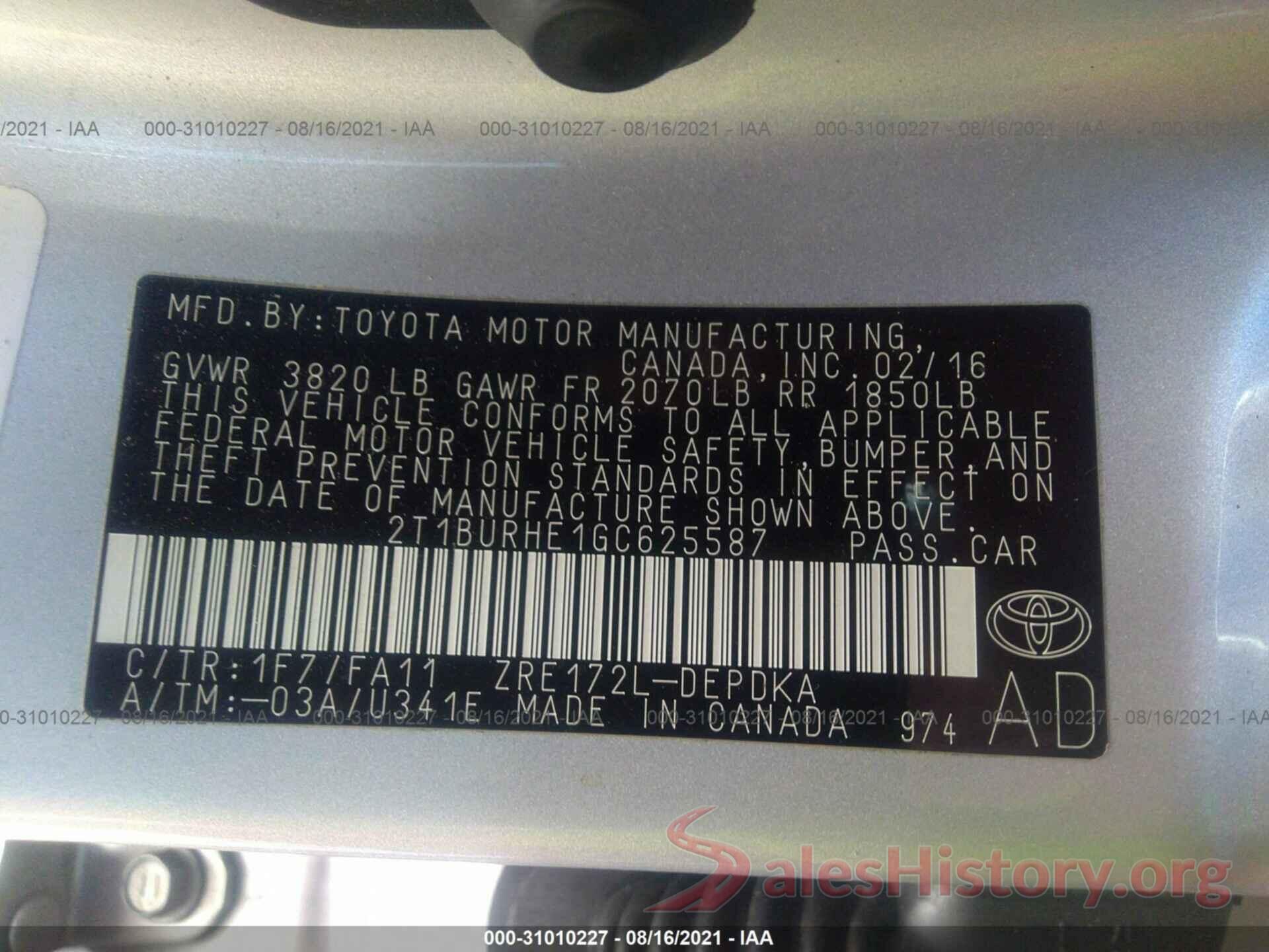 2T1BURHE1GC625587 2016 TOYOTA COROLLA