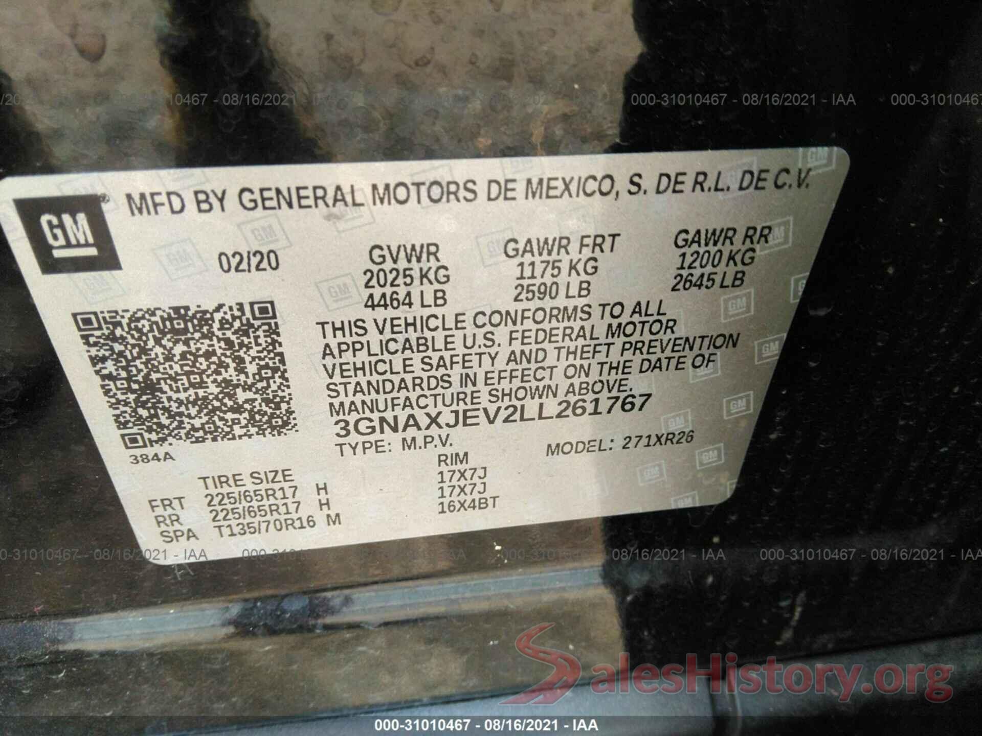 3GNAXJEV2LL261767 2020 CHEVROLET EQUINOX