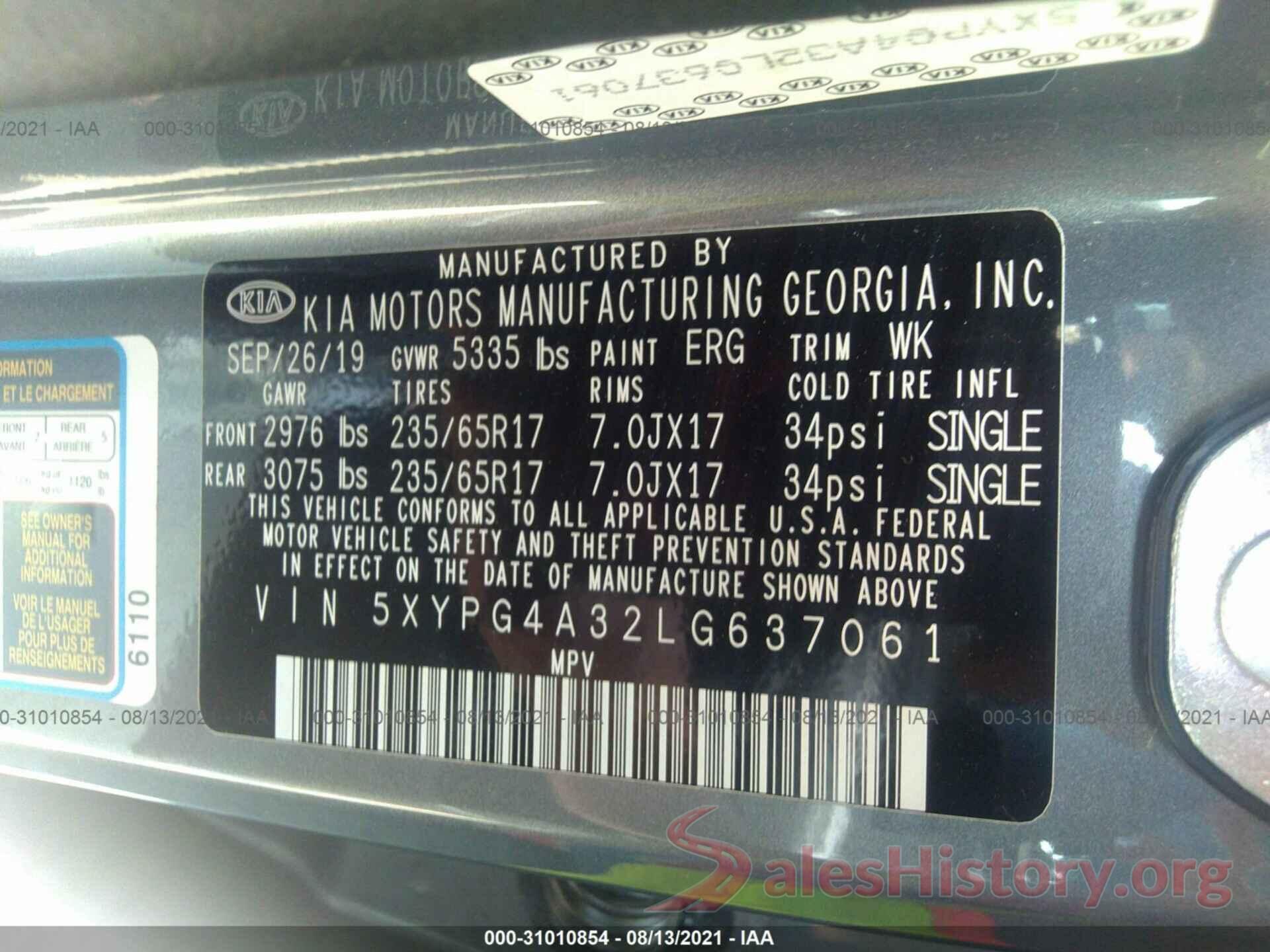 5XYPG4A32LG637061 2020 KIA SORENTO