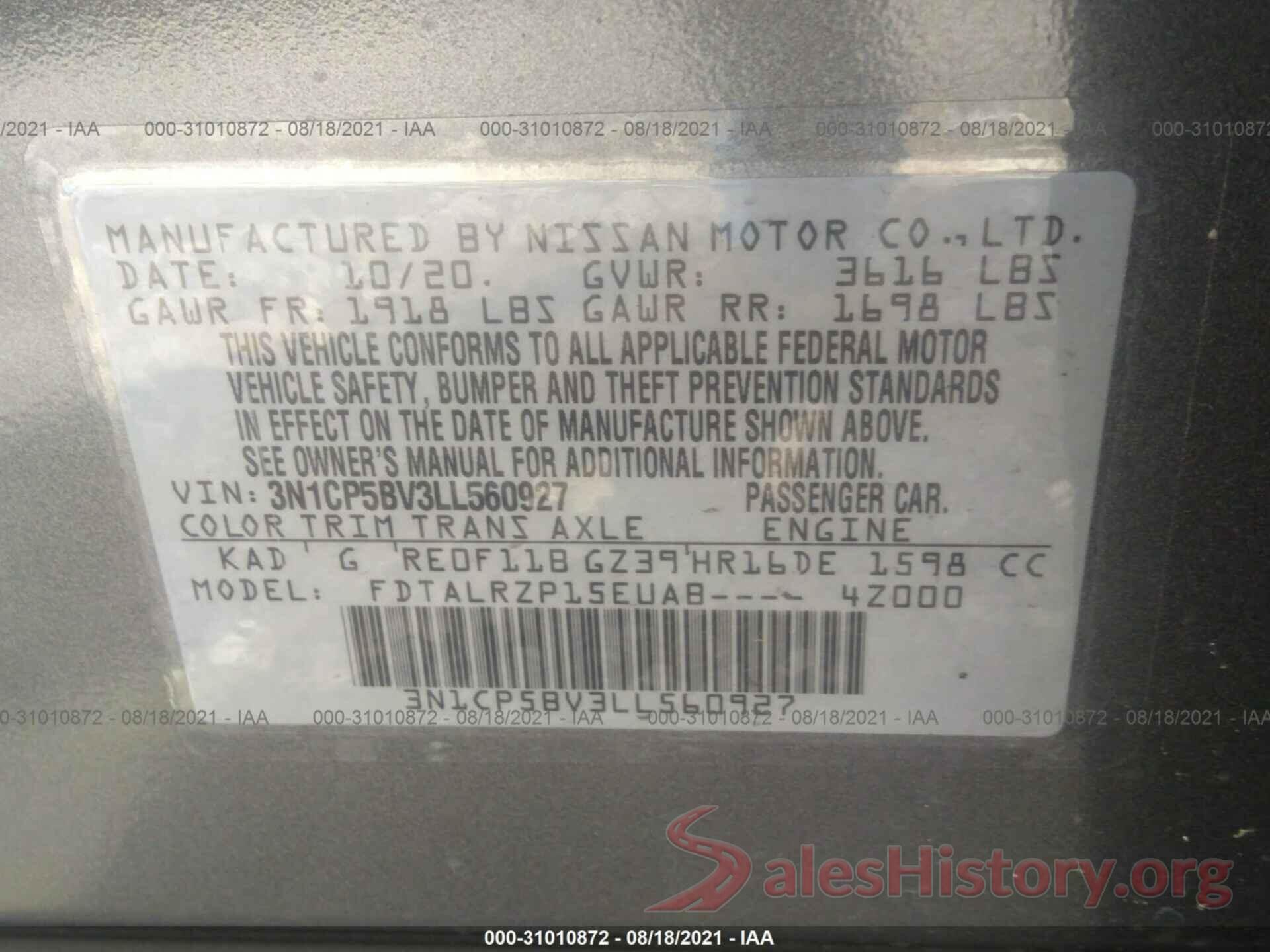 3N1CP5BV3LL560927 2020 NISSAN KICKS