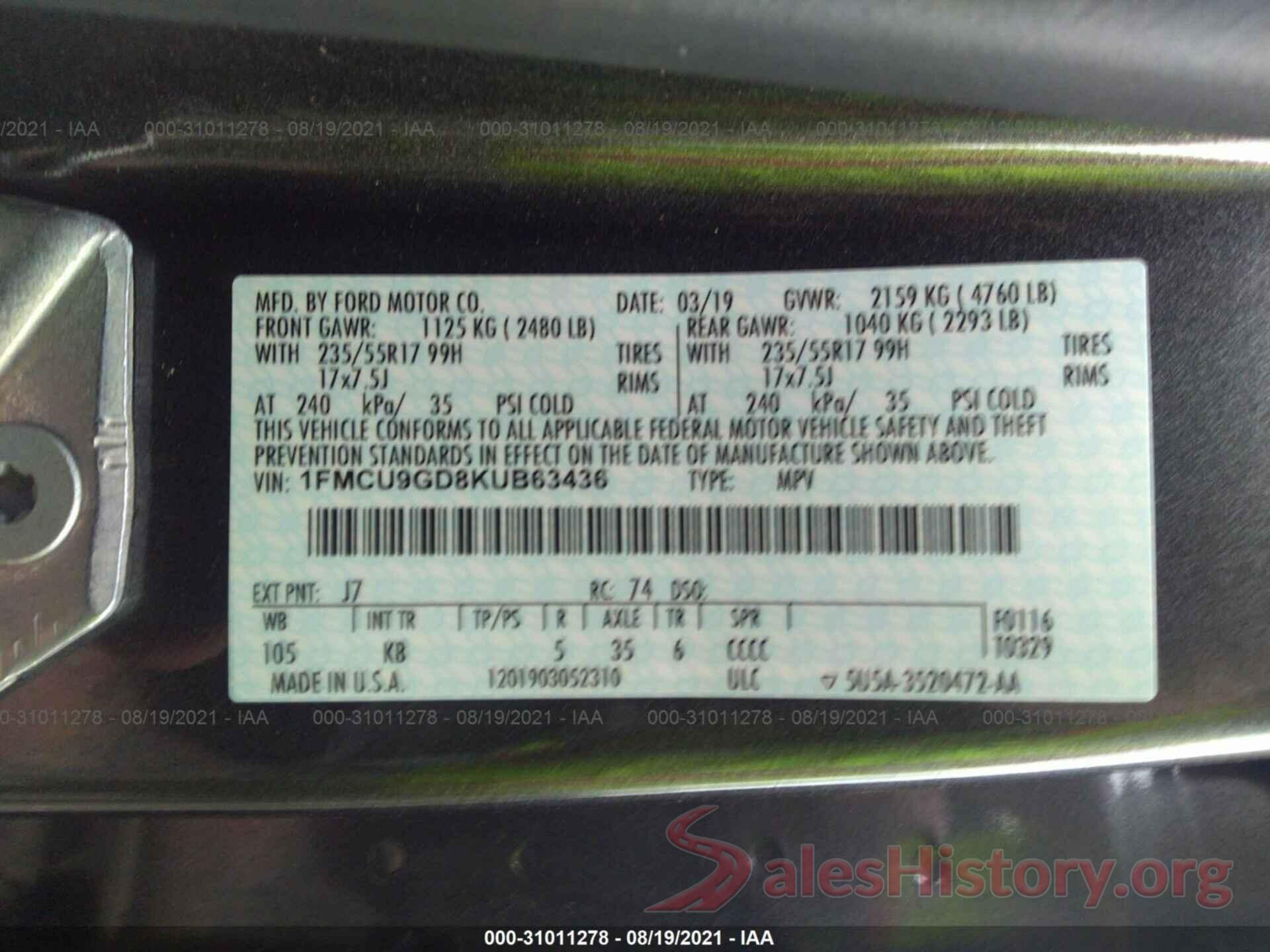 1FMCU9GD8KUB63436 2019 FORD ESCAPE