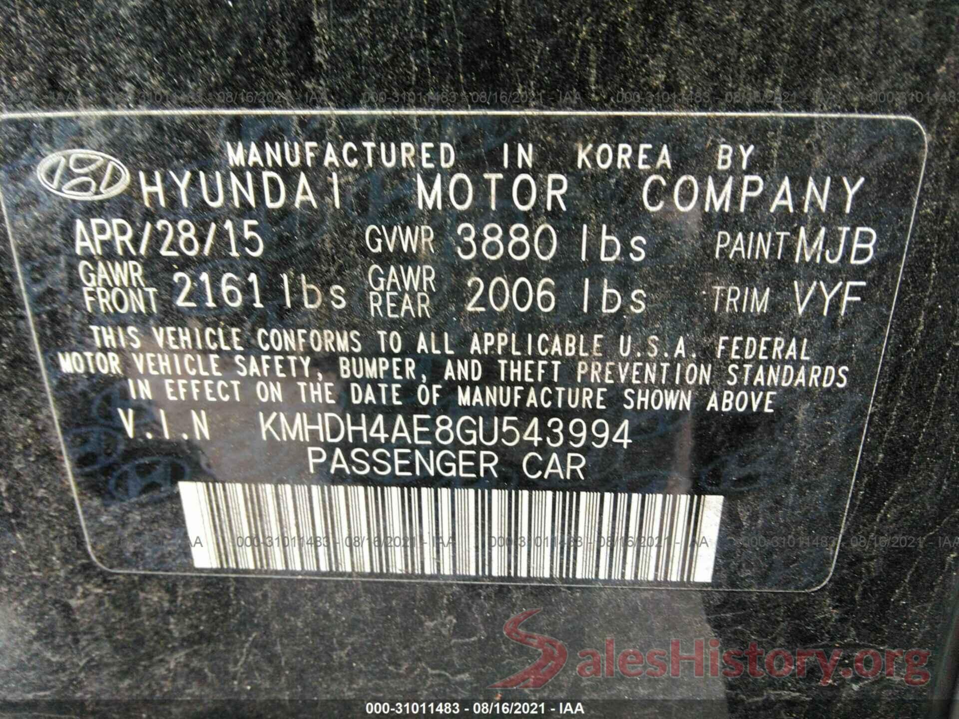 KMHDH4AE8GU543994 2016 HYUNDAI ELANTRA