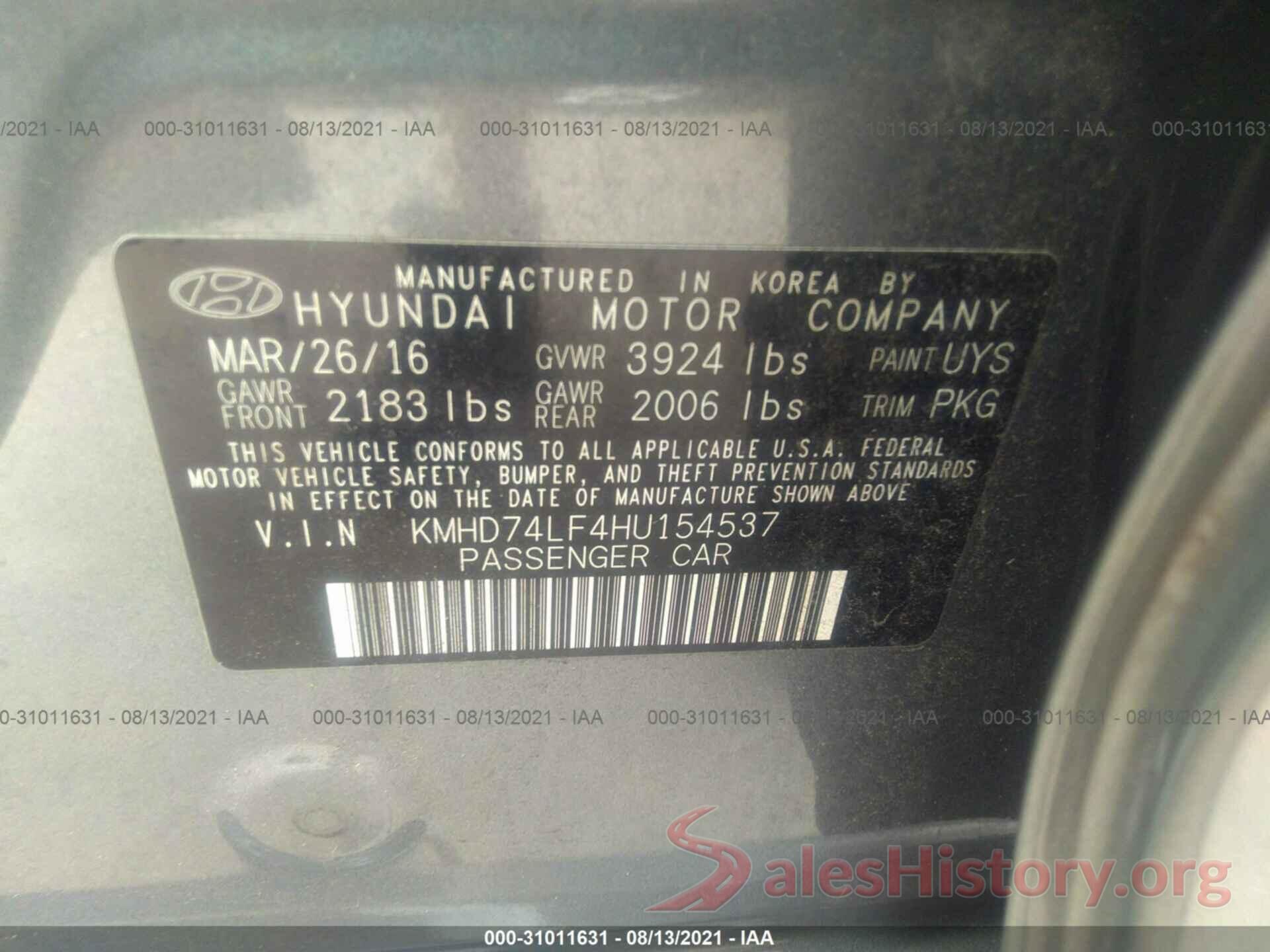 KMHD74LF4HU154537 2017 HYUNDAI ELANTRA