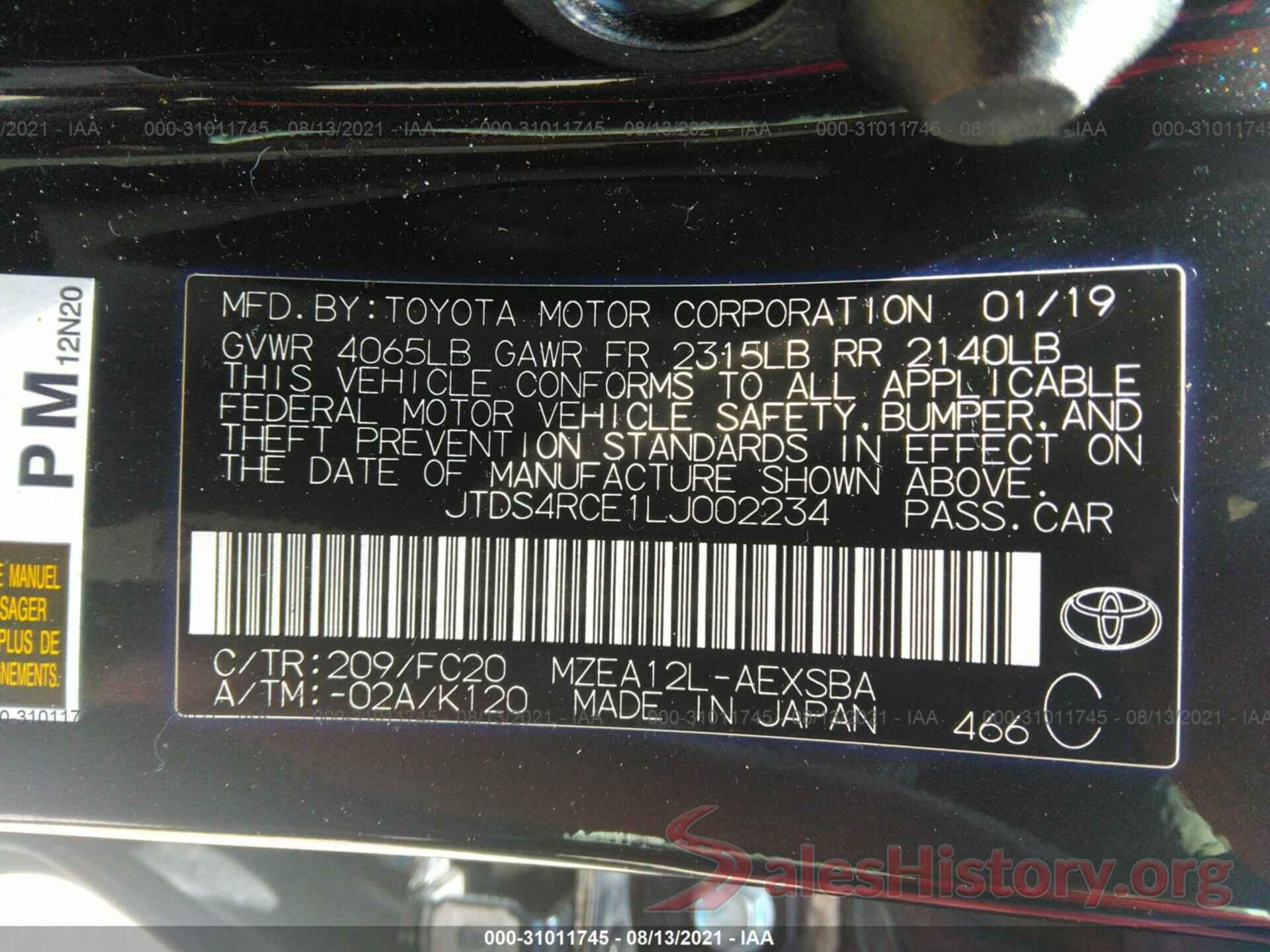 JTDS4RCE1LJ002234 2020 TOYOTA COROLLA