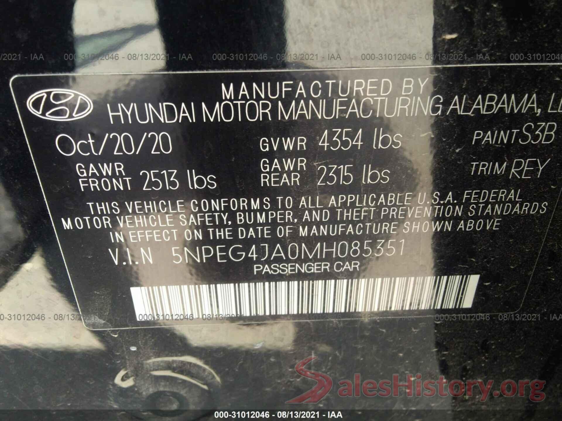 5NPEG4JA0MH085351 2021 HYUNDAI SONATA