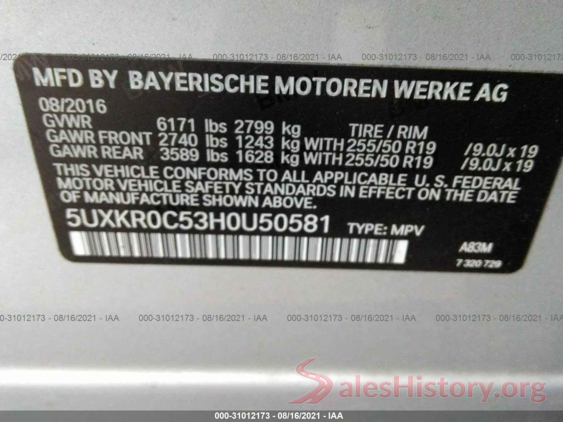 5UXKR0C53H0U50581 2017 BMW X5