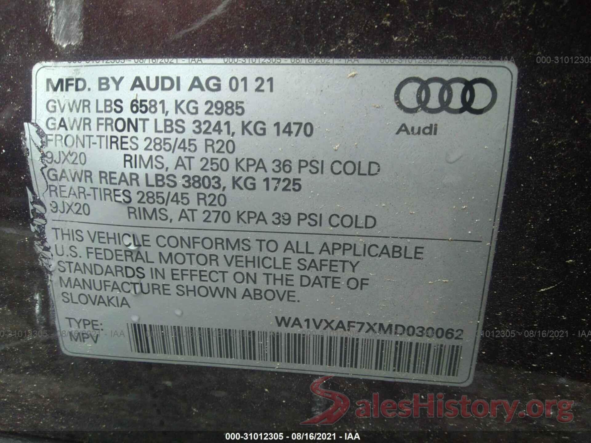 WA1VXAF7XMD030062 2021 AUDI Q7