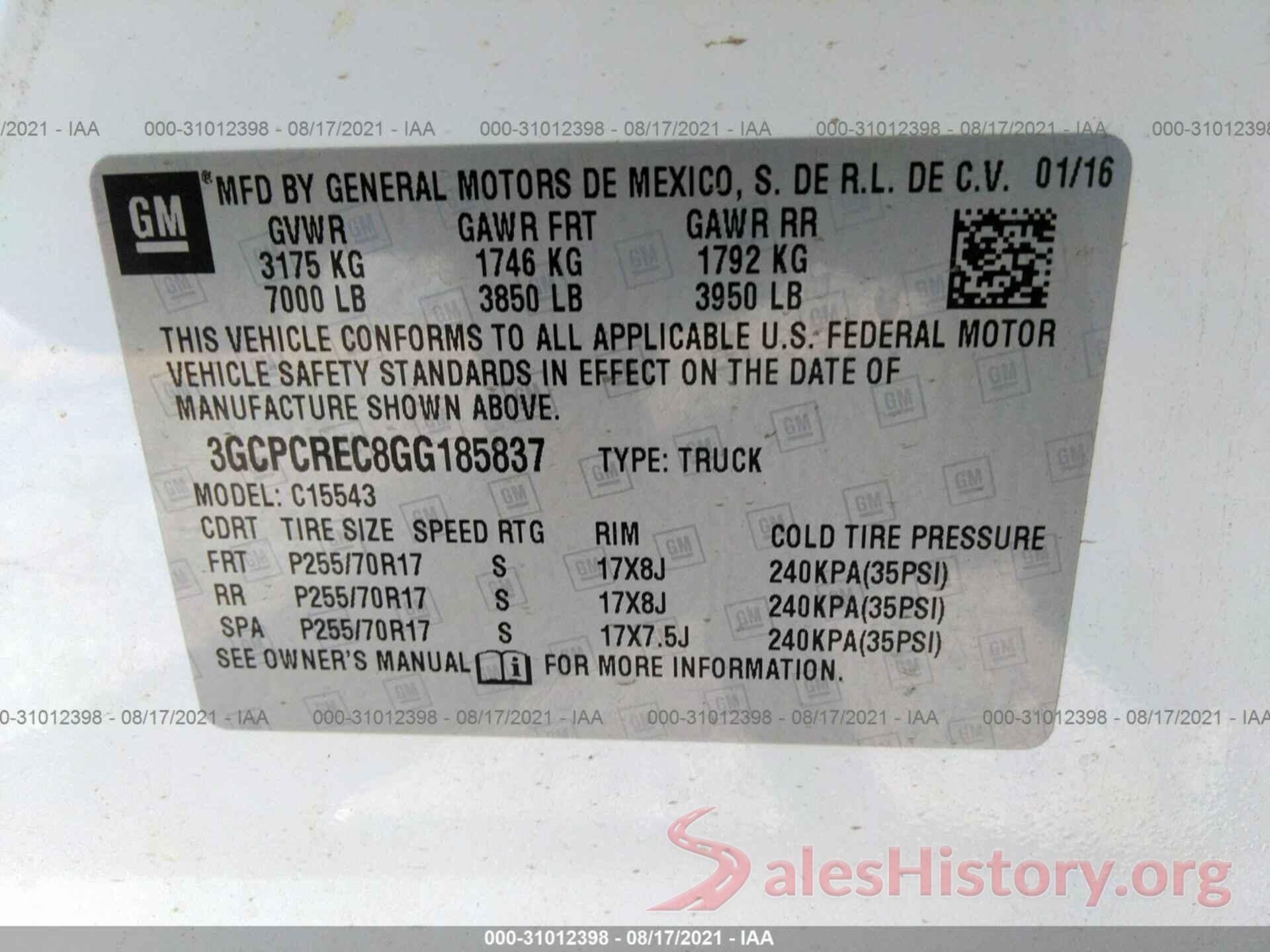 3GCPCREC8GG185837 2016 CHEVROLET SILVERADO 1500