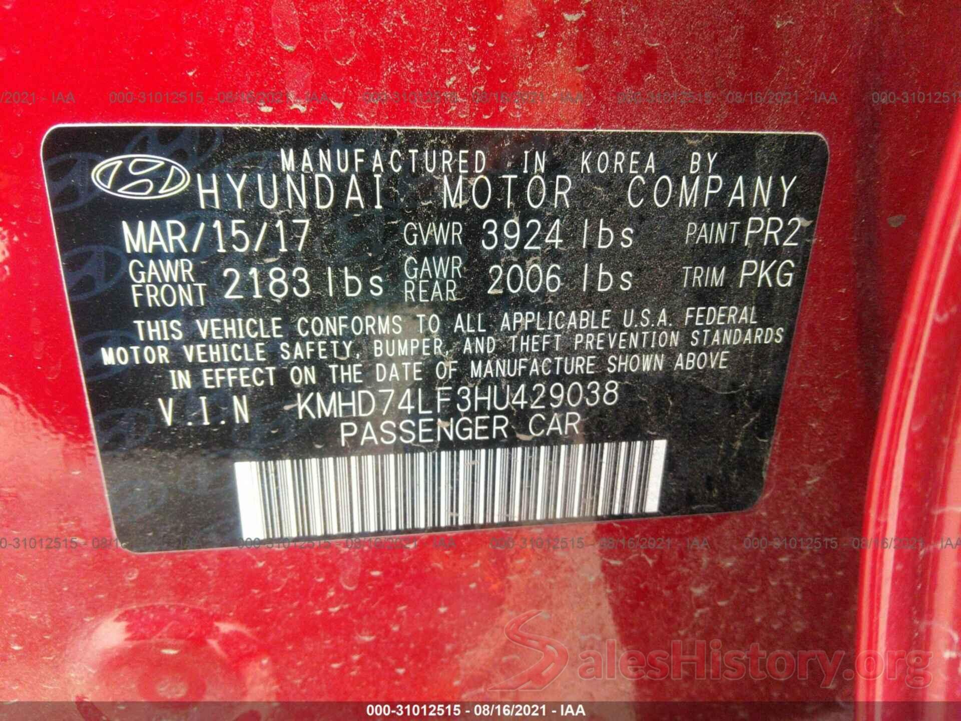 KMHD74LF3HU429038 2017 HYUNDAI ELANTRA