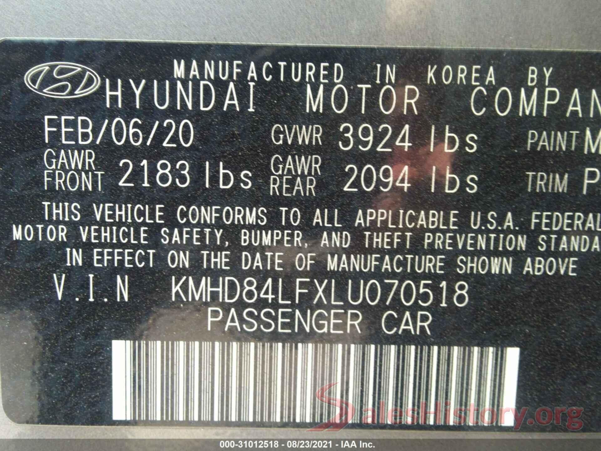 KMHD84LFXLU070518 2020 HYUNDAI ELANTRA