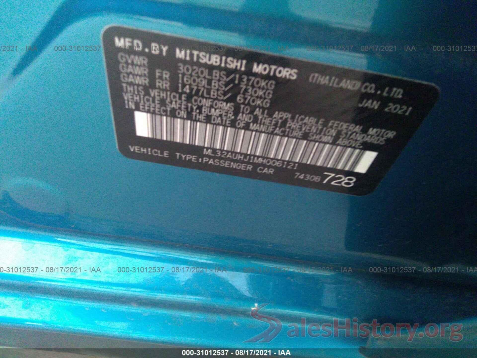 ML32AUHJ1MH006121 2021 MITSUBISHI MIRAGE