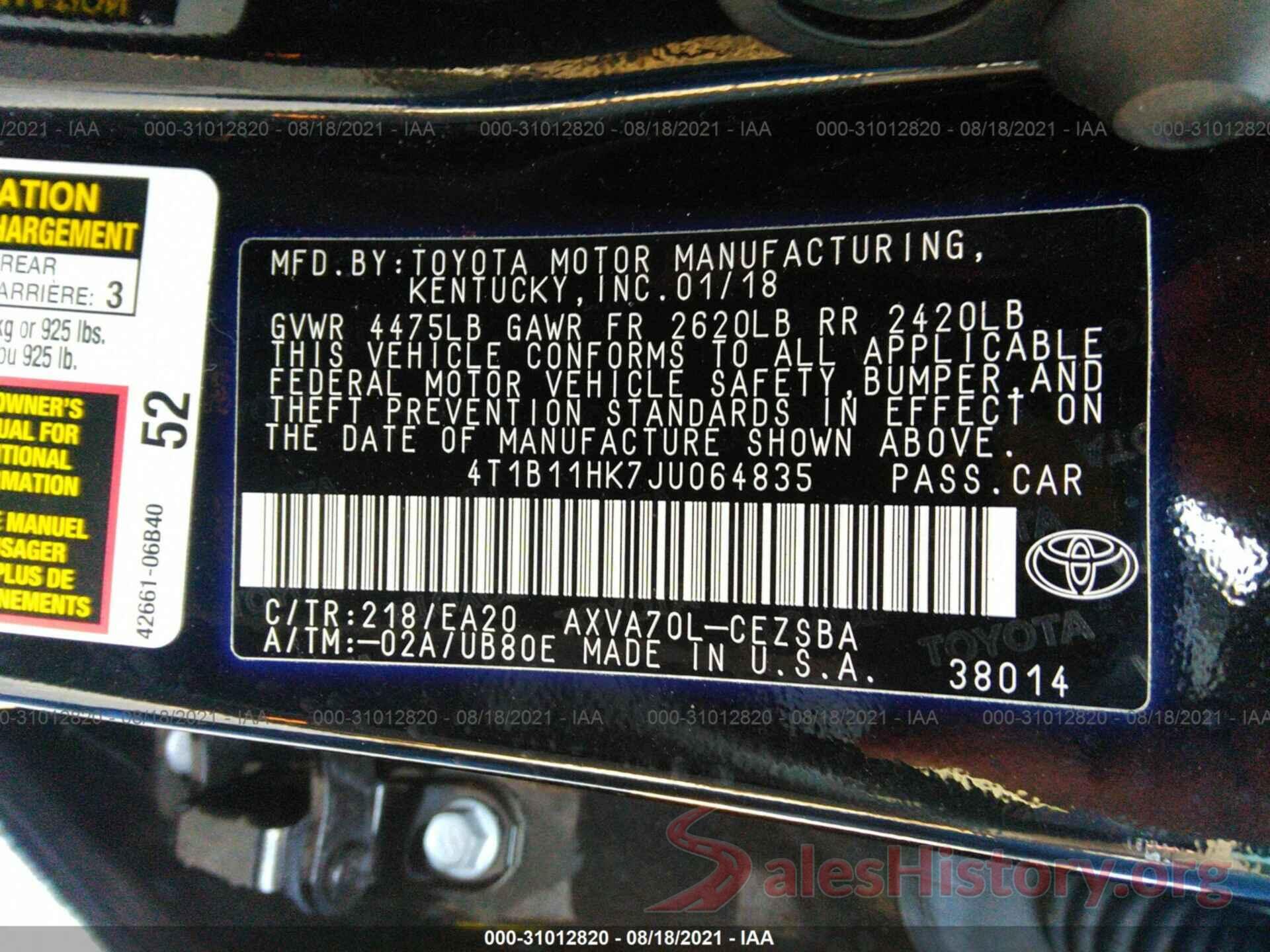 4T1B11HK7JU064835 2018 TOYOTA CAMRY