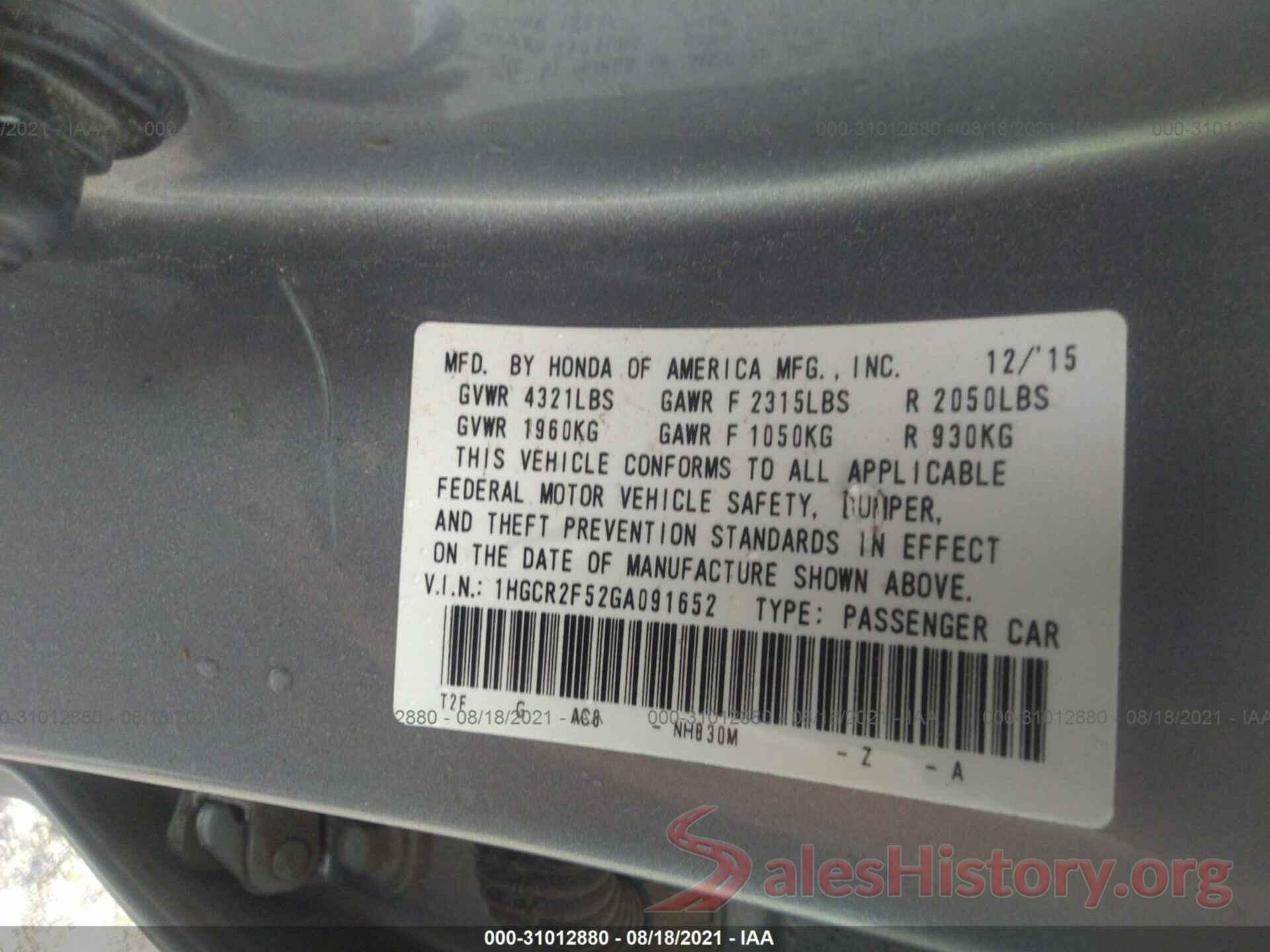 1HGCR2F52GA091652 2016 HONDA ACCORD SEDAN