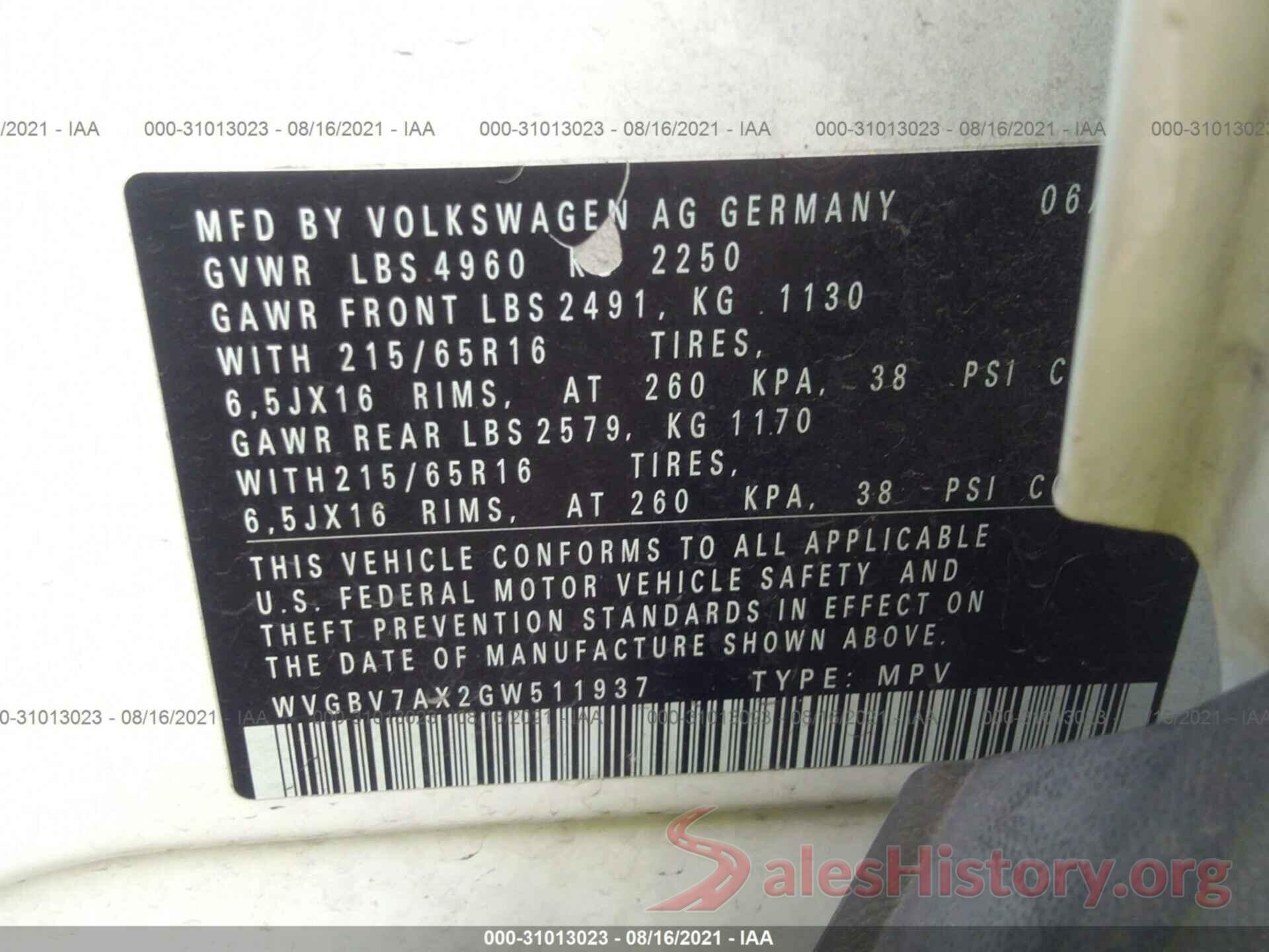 WVGBV7AX2GW511937 2016 VOLKSWAGEN TIGUAN