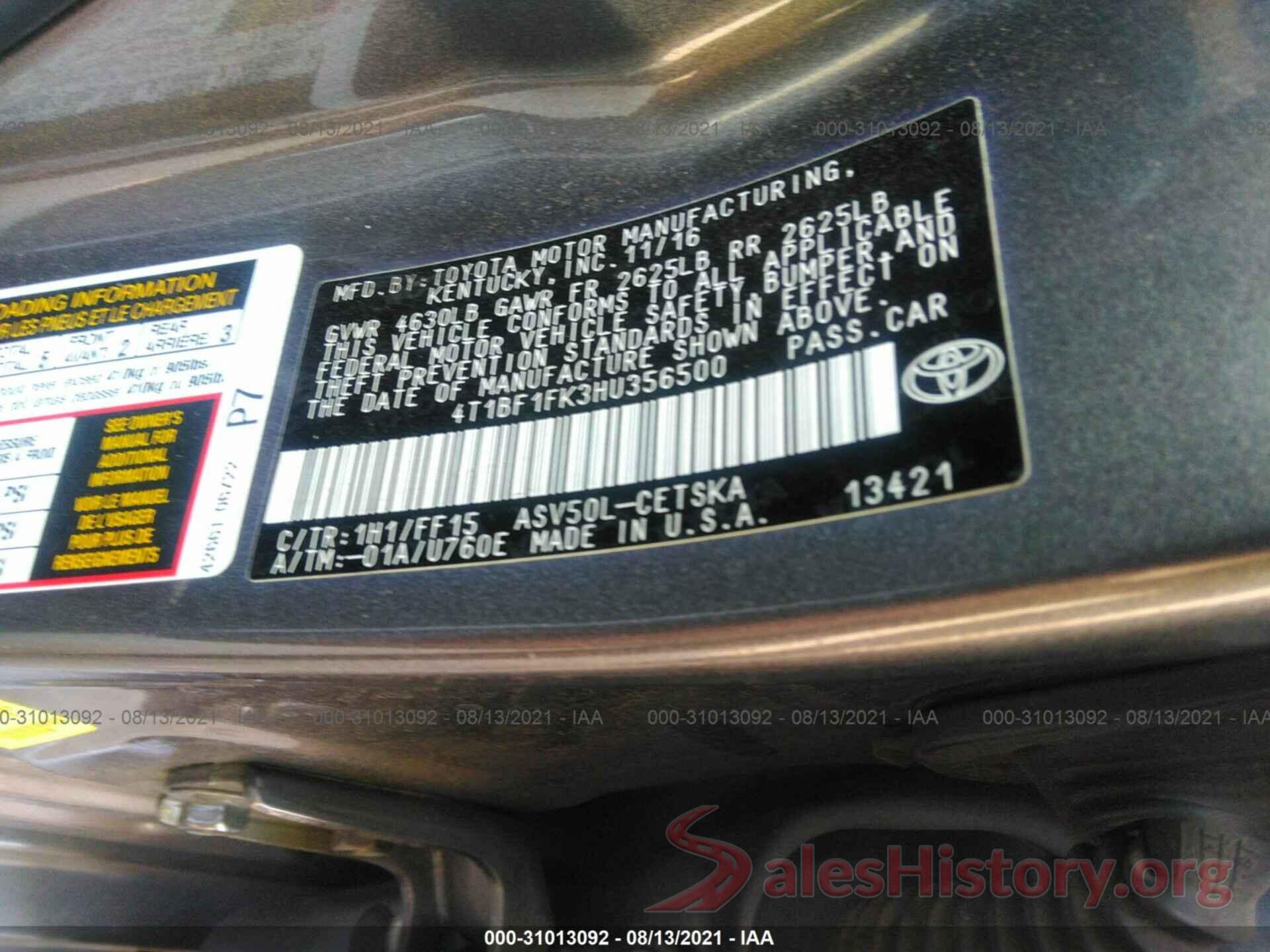 4T1BF1FK3HU356500 2017 TOYOTA CAMRY