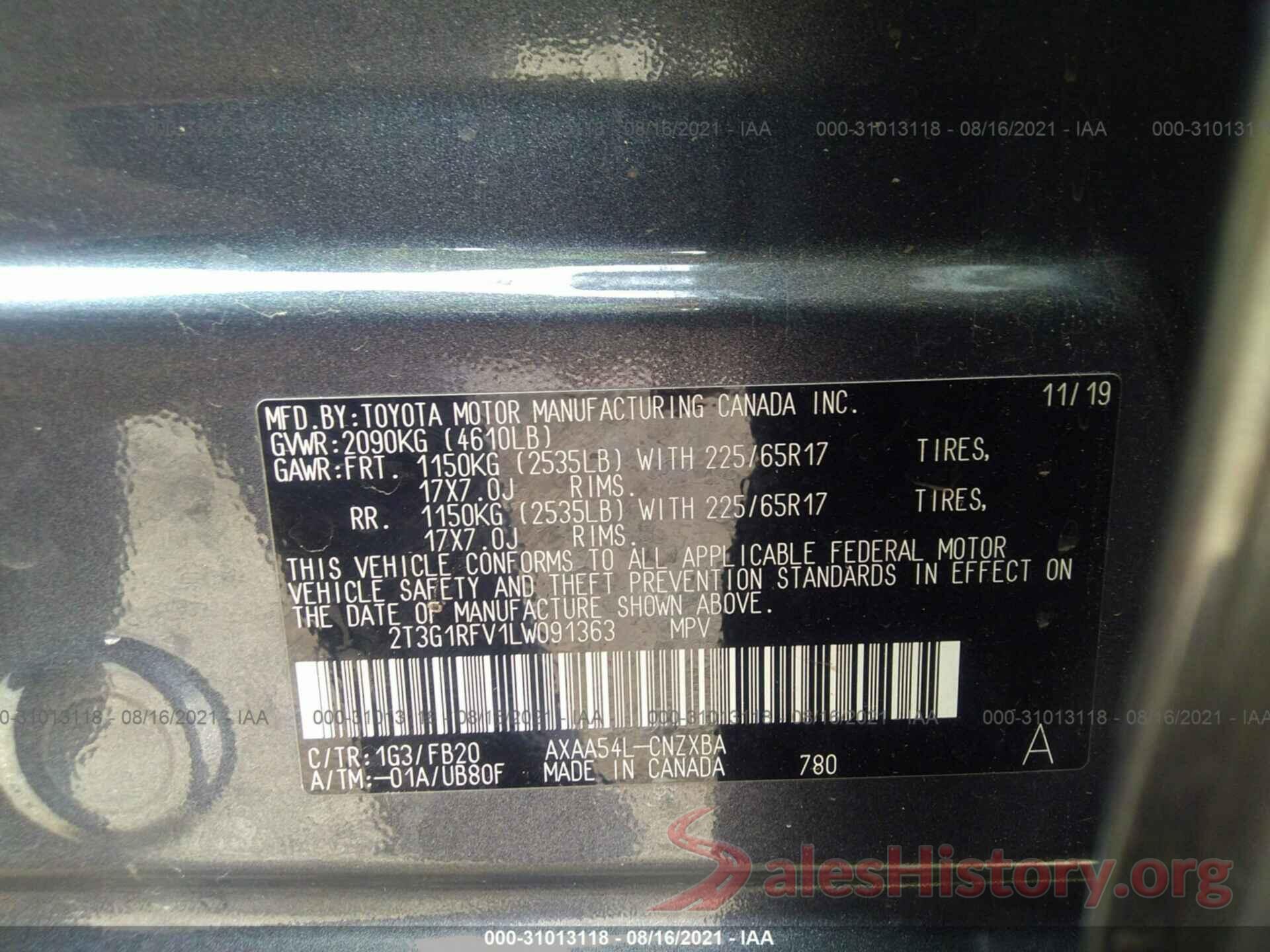 2T3G1RFV1LW091363 2020 TOYOTA RAV4