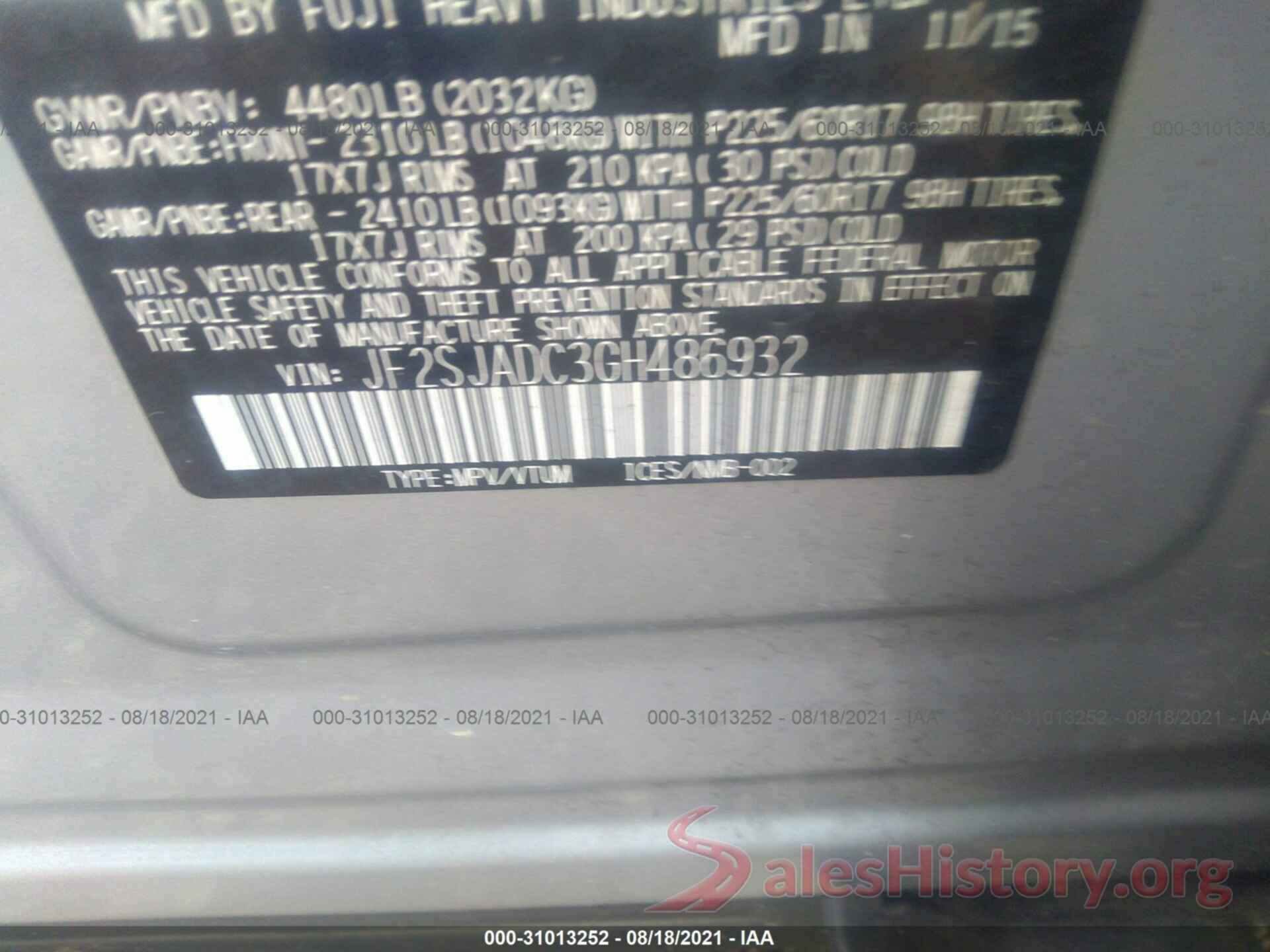 JF2SJADC3GH486932 2016 SUBARU FORESTER