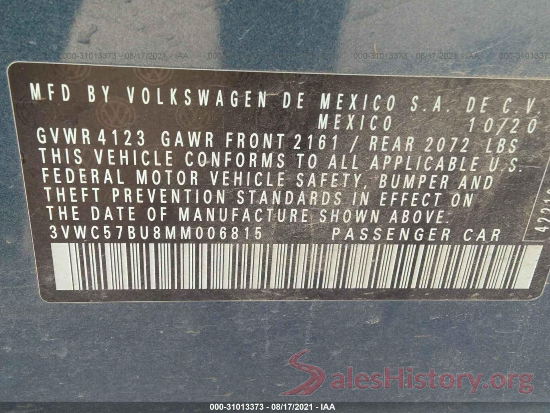 3VWC57BU8MM006815 2021 VOLKSWAGEN JETTA