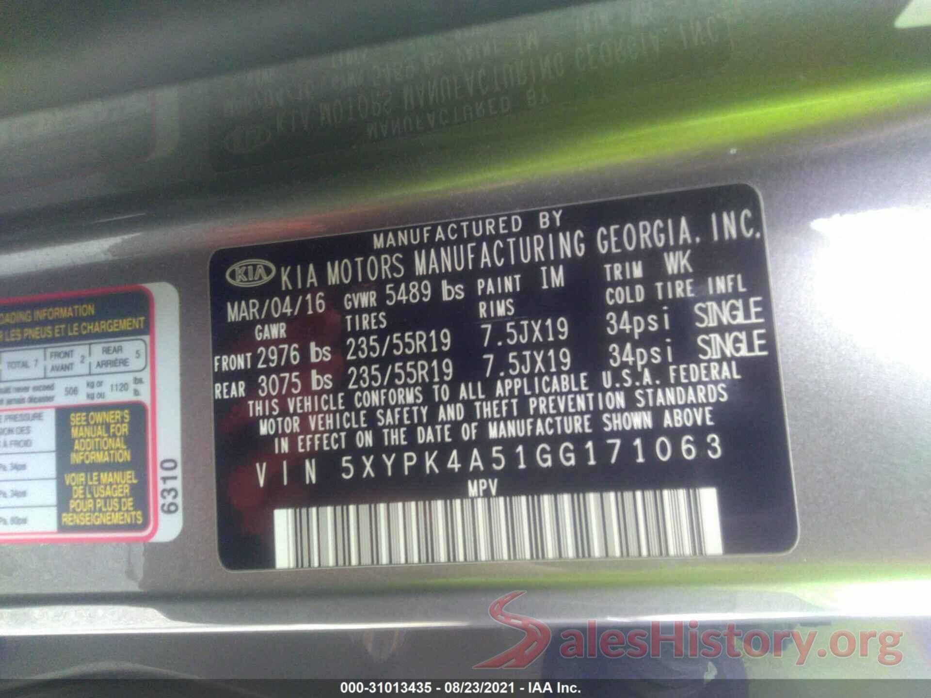 5XYPK4A51GG171063 2016 KIA SORENTO