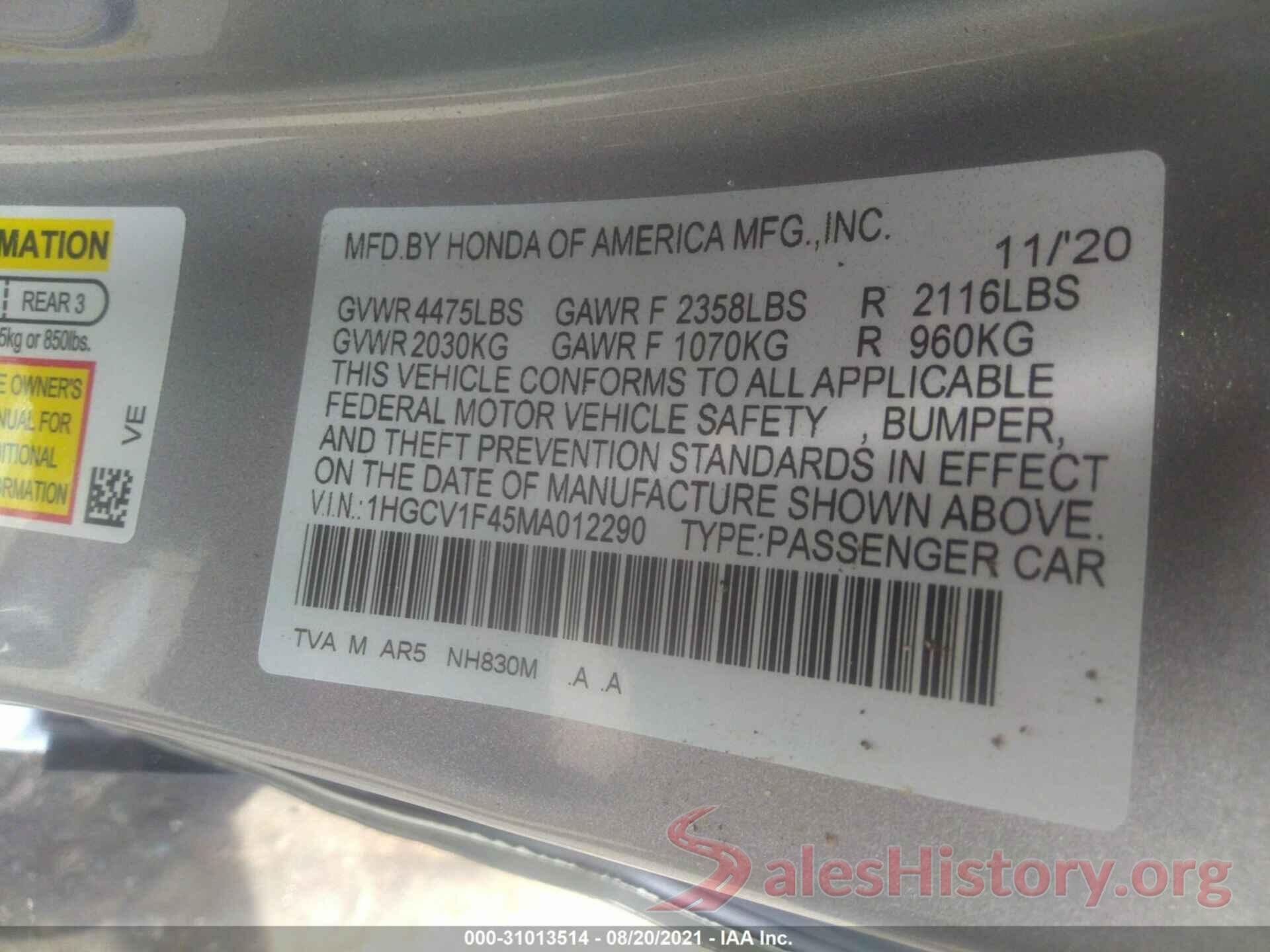 1HGCV1F45MA012290 2021 HONDA ACCORD SEDAN