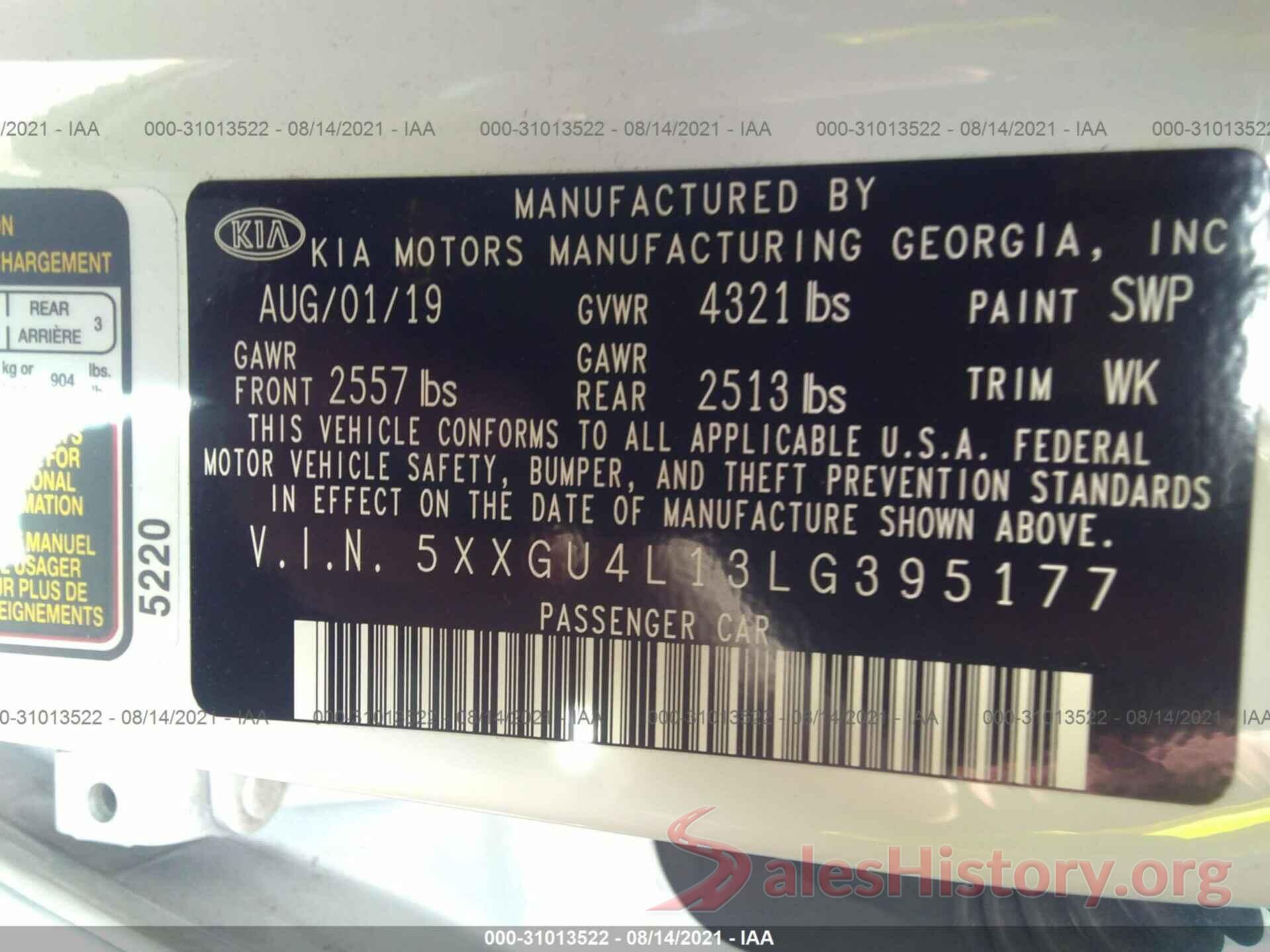 5XXGU4L13LG395177 2020 KIA OPTIMA