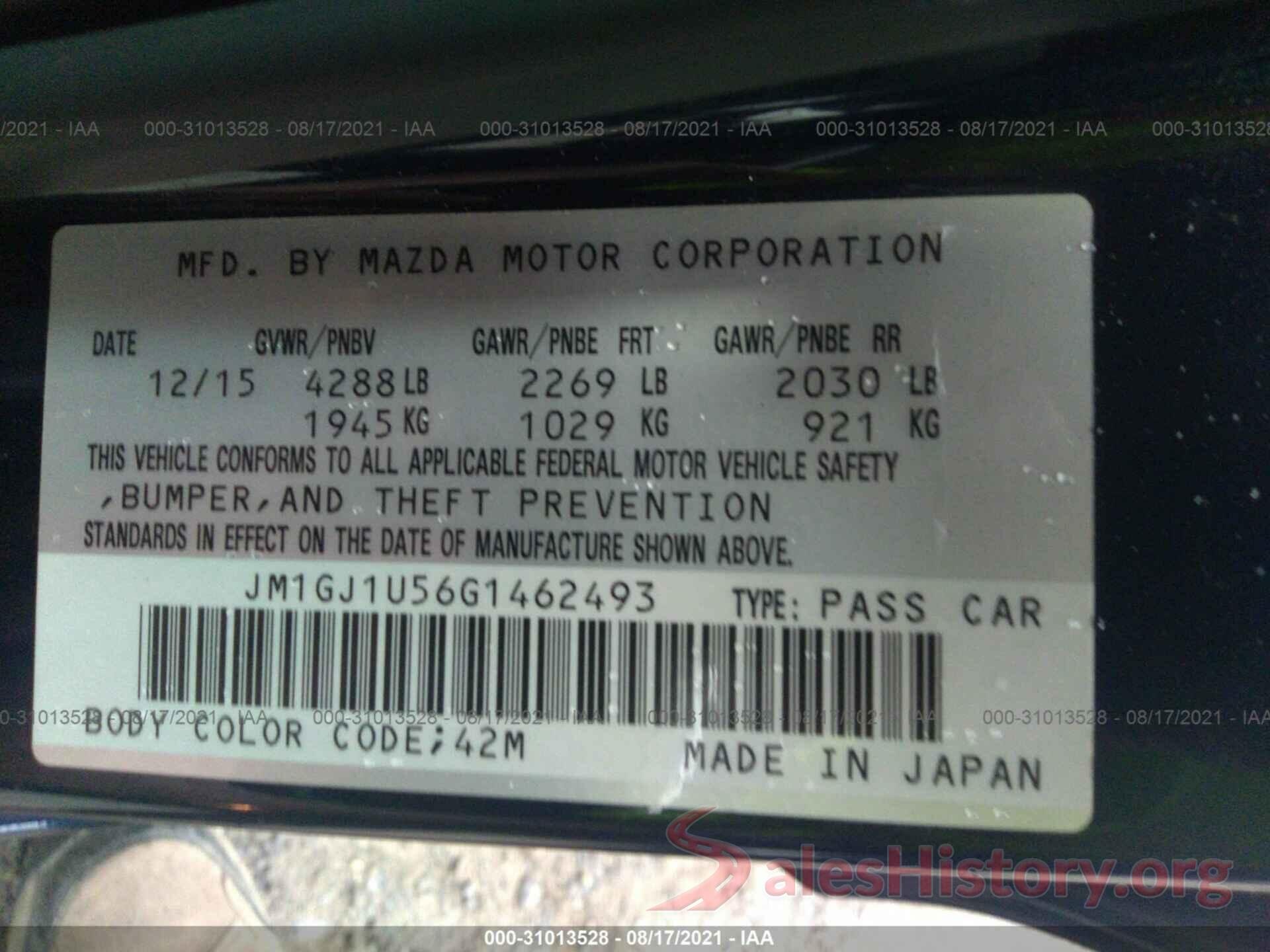 JM1GJ1U56G1462493 2016 MAZDA MAZDA6