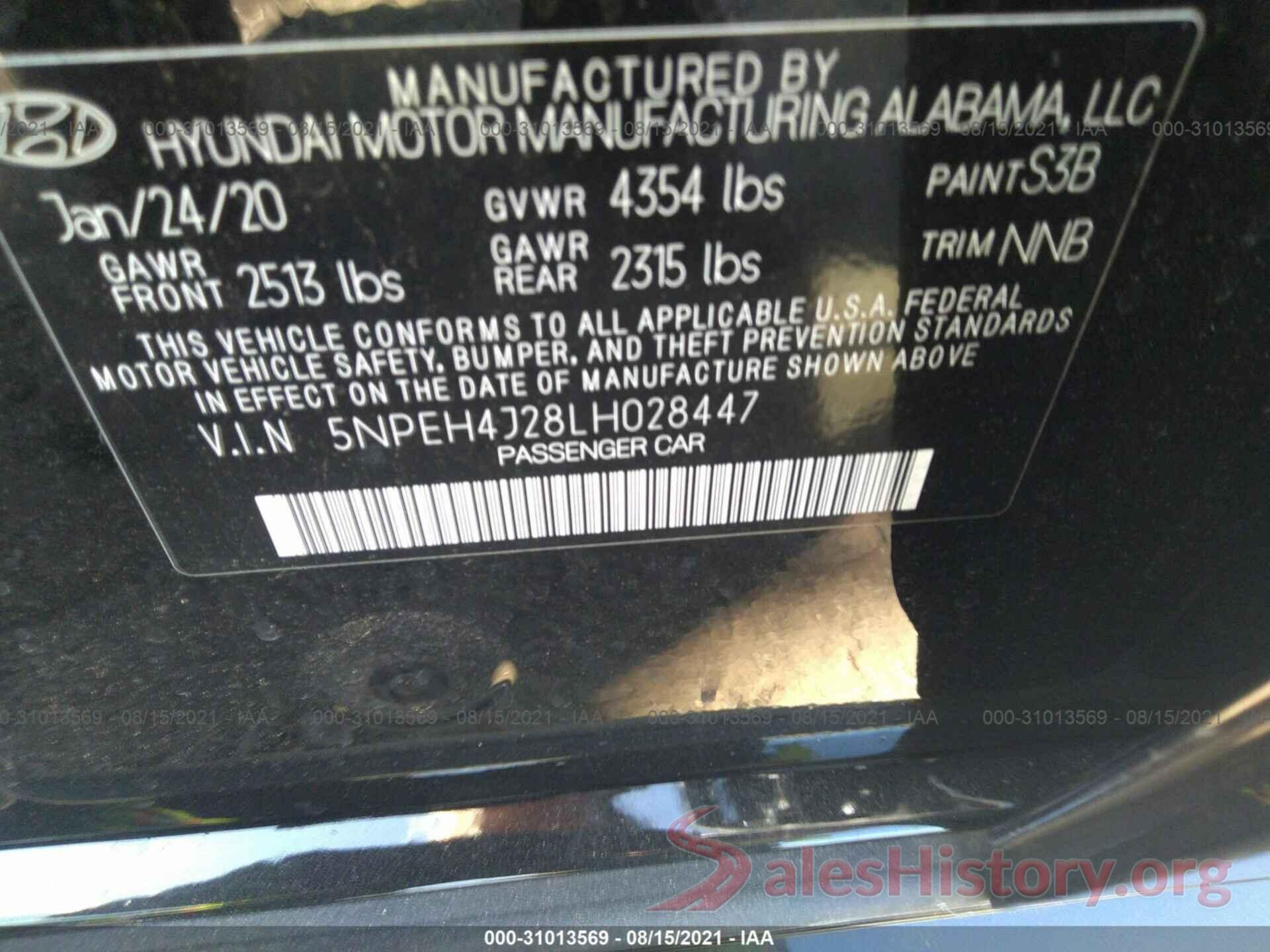 5NPEH4J28LH028447 2020 HYUNDAI SONATA