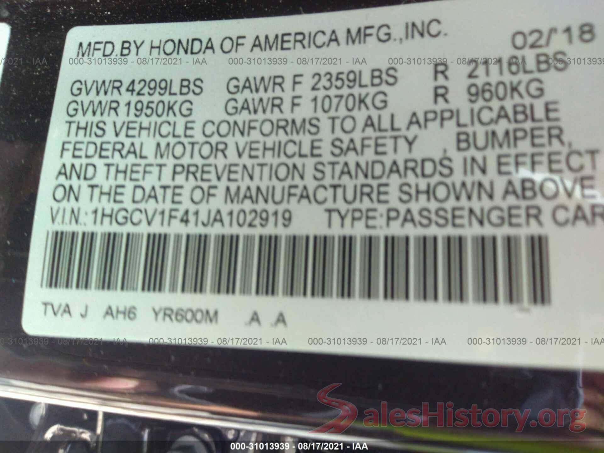 1HGCV1F41JA102919 2018 HONDA ACCORD SEDAN