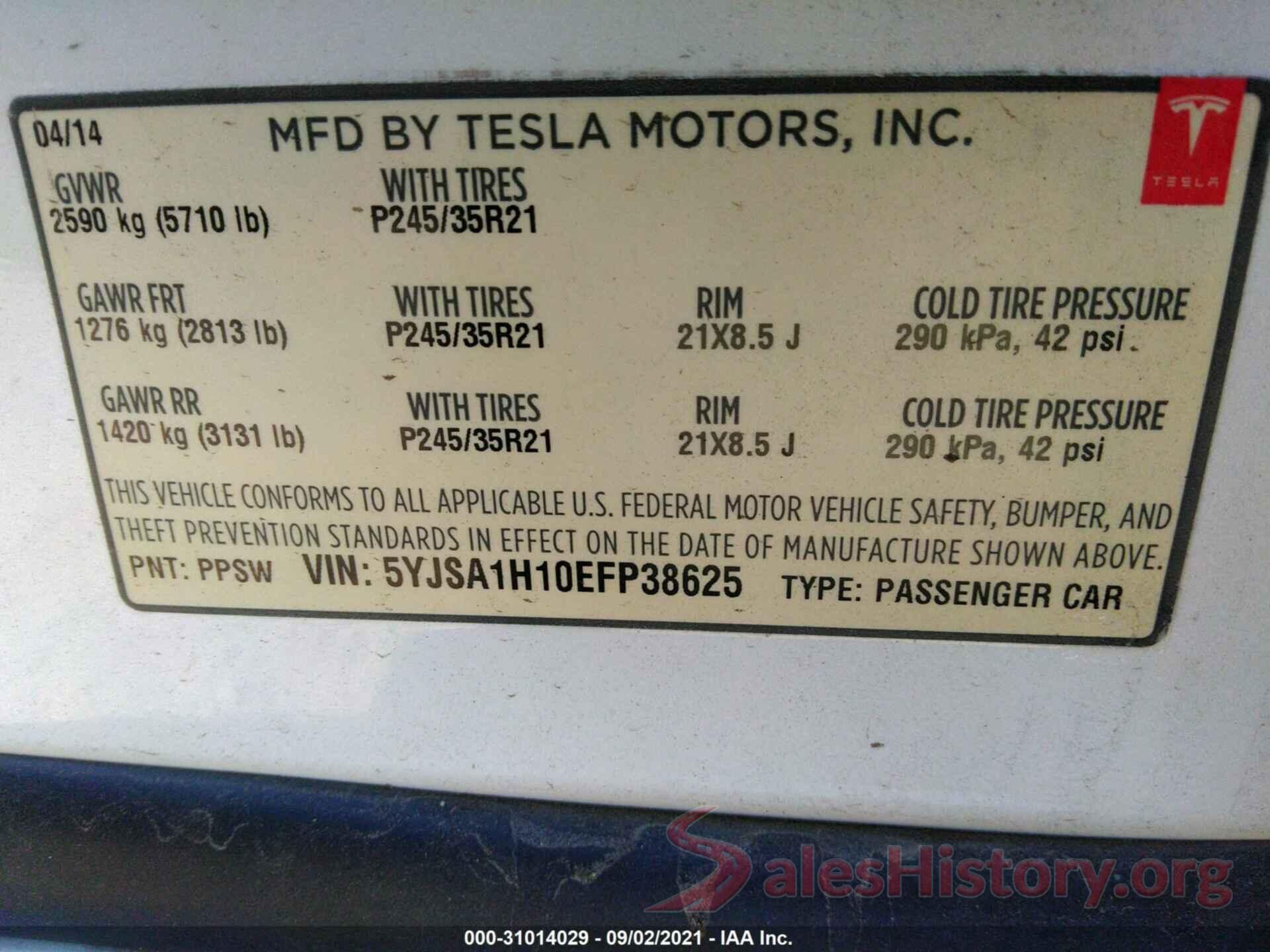 5YJSA1H10EFP38625 2014 TESLA MODEL S