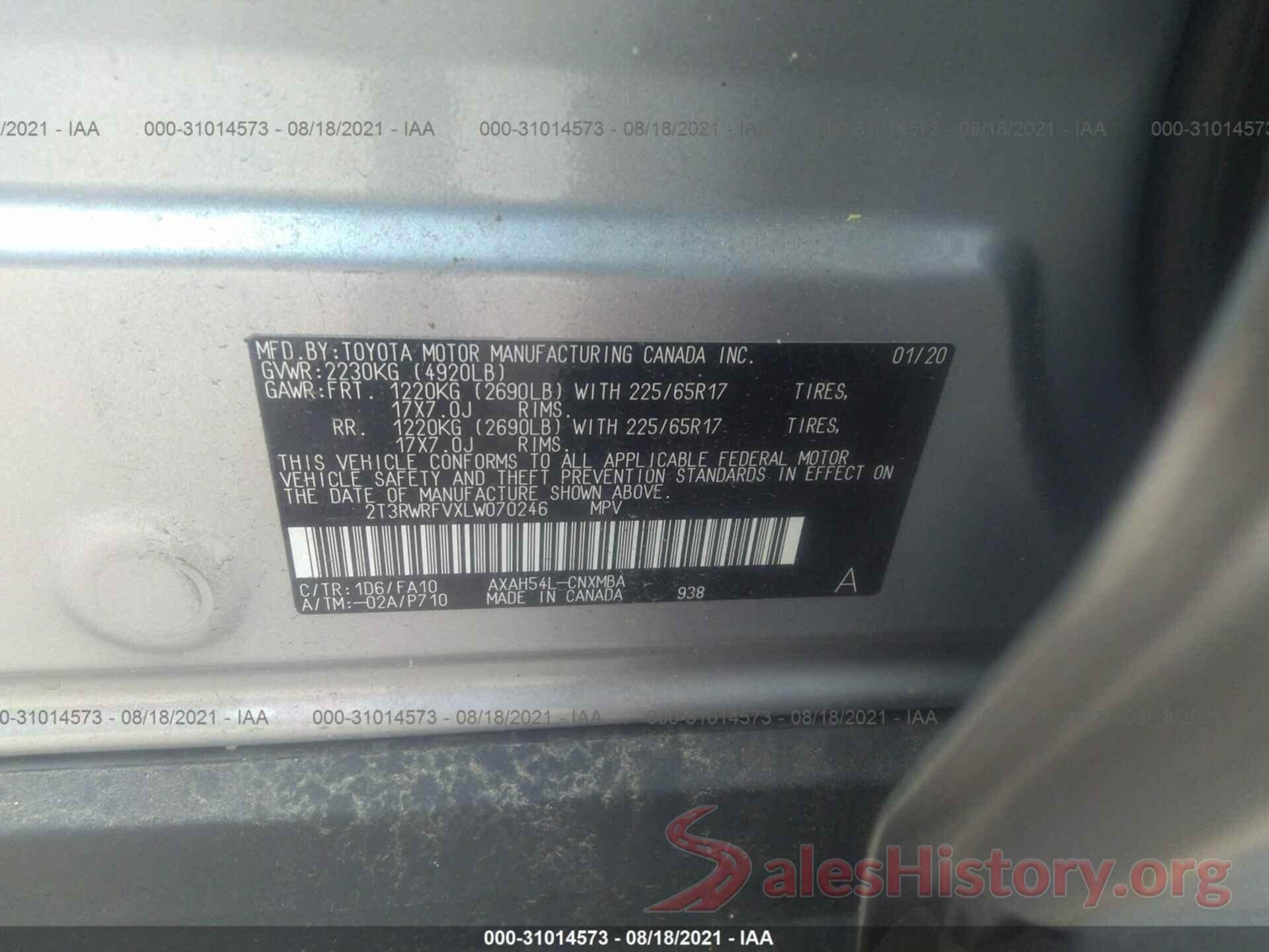 2T3RWRFVXLW070246 2020 TOYOTA RAV4