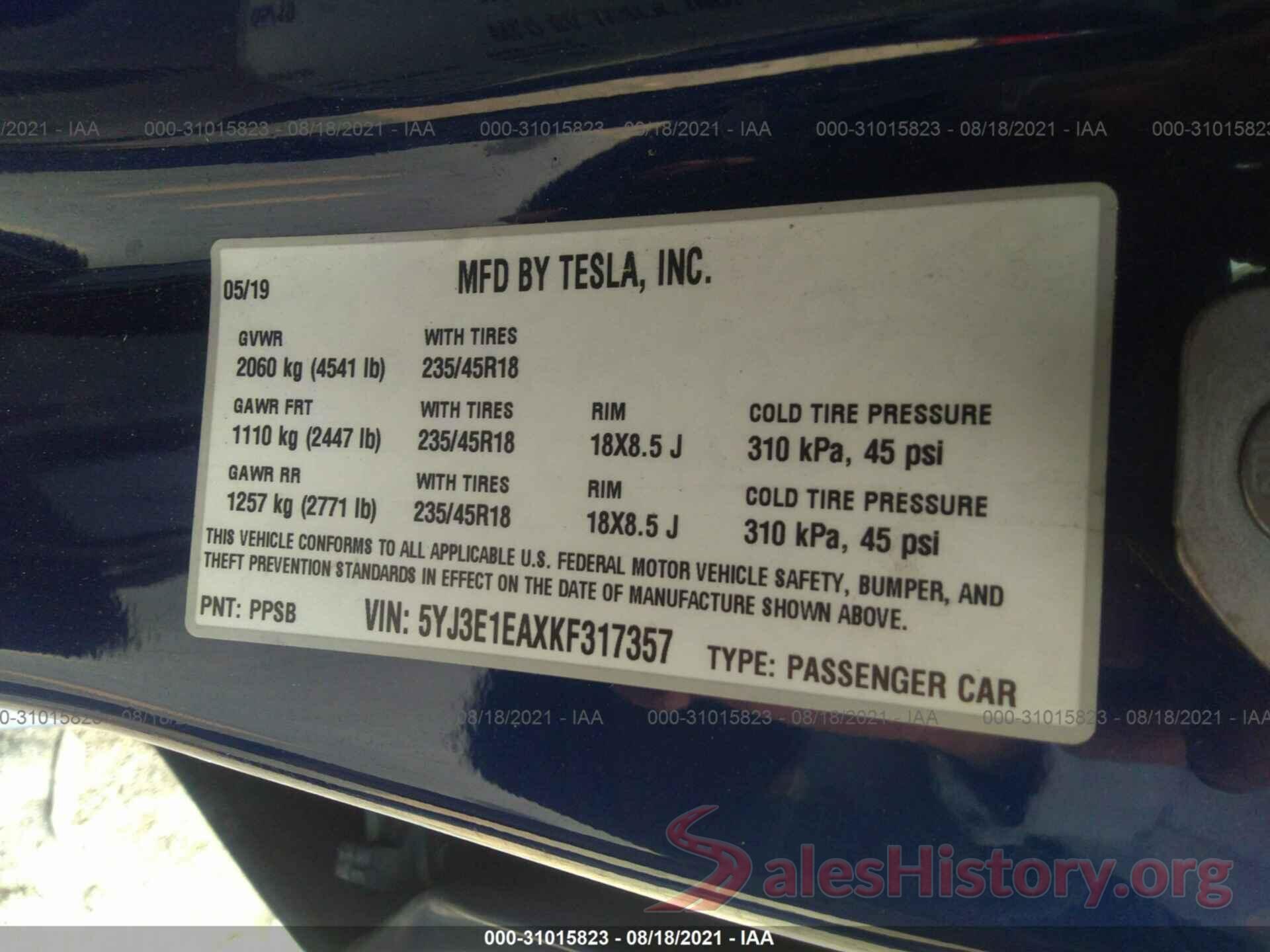 5YJ3E1EAXKF317357 2019 TESLA MODEL 3