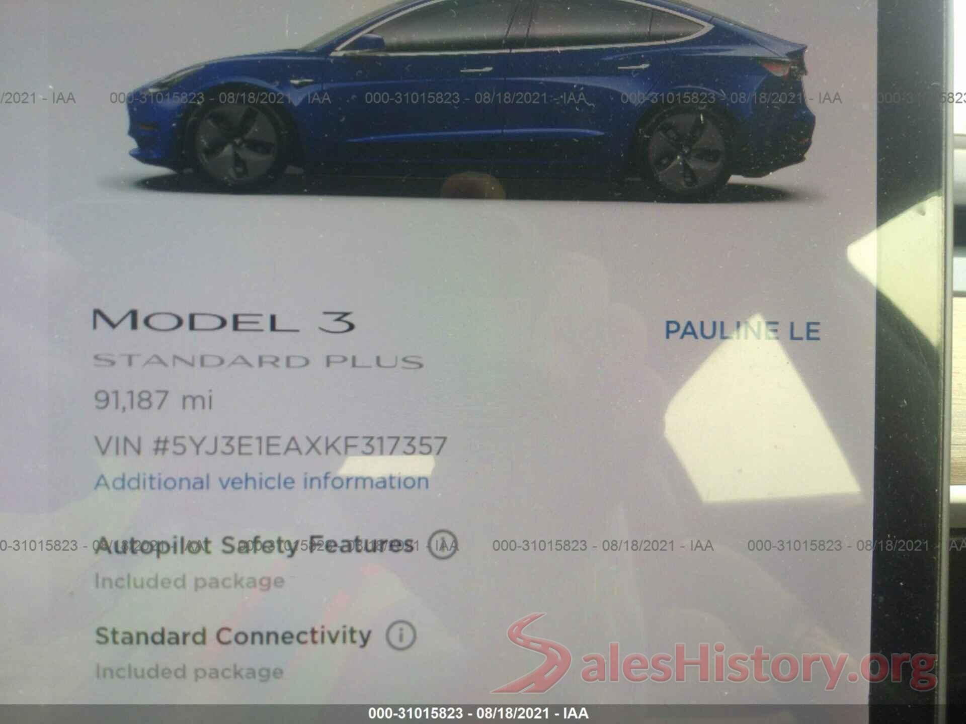 5YJ3E1EAXKF317357 2019 TESLA MODEL 3