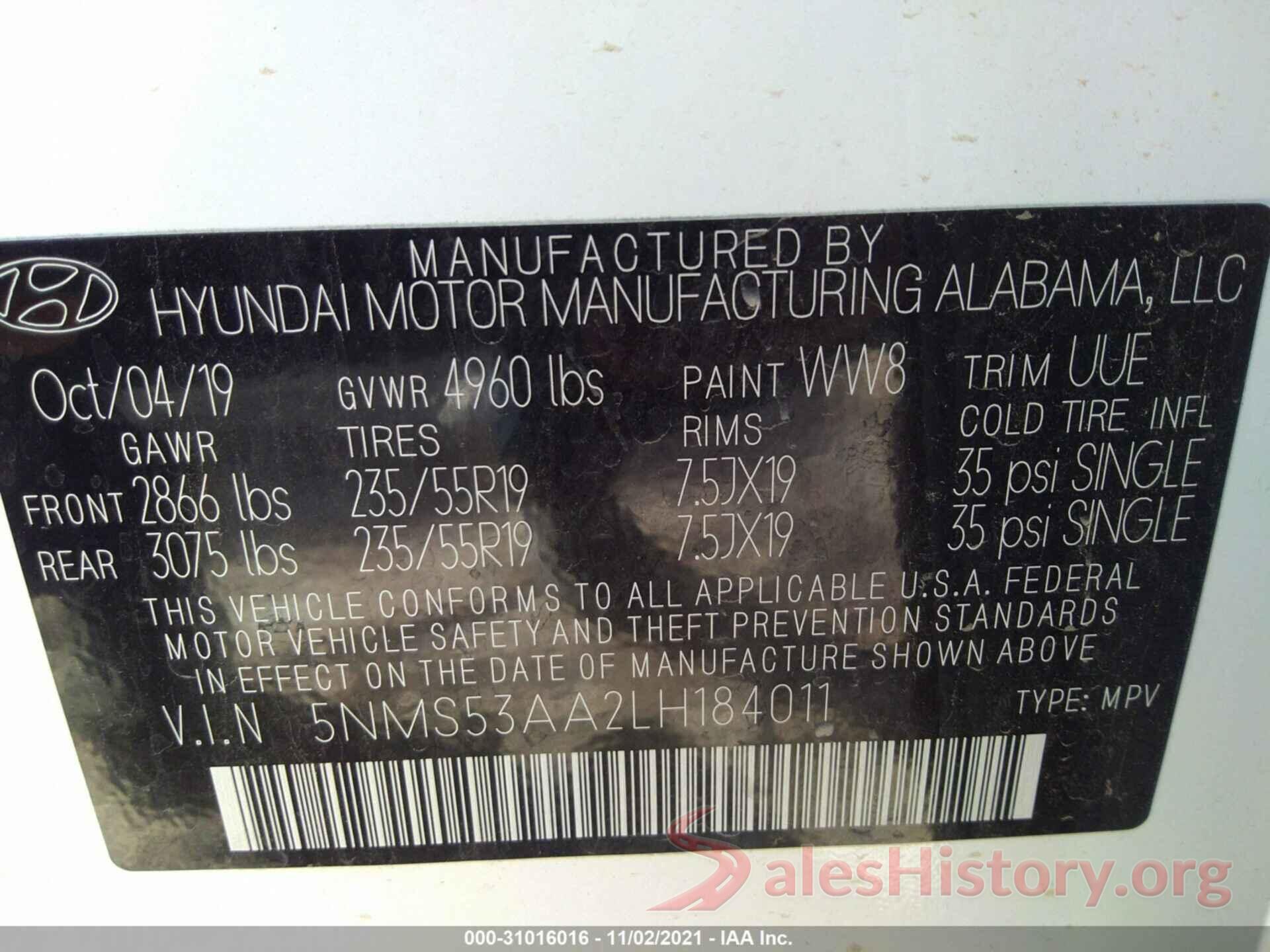 5NMS53AA2LH184011 2020 HYUNDAI SANTA FE